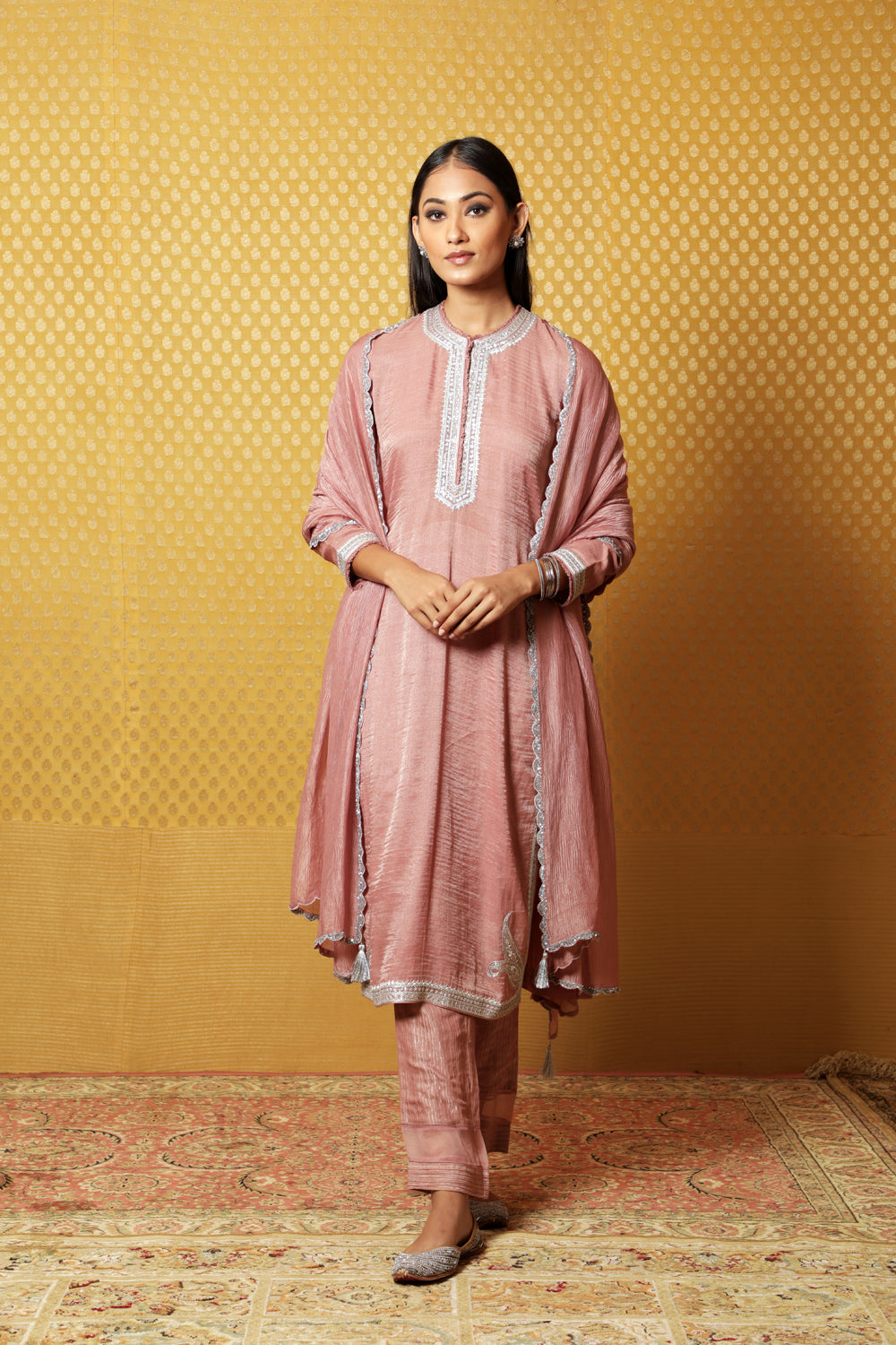 Hand-Embroidered Old-Rose Pure Silk- Cotton (Metallic) Kurta-Pants Set - Auraya Fashion - Trisvaraa - #tag1# - #tag2# - #tag3# - #tag3#