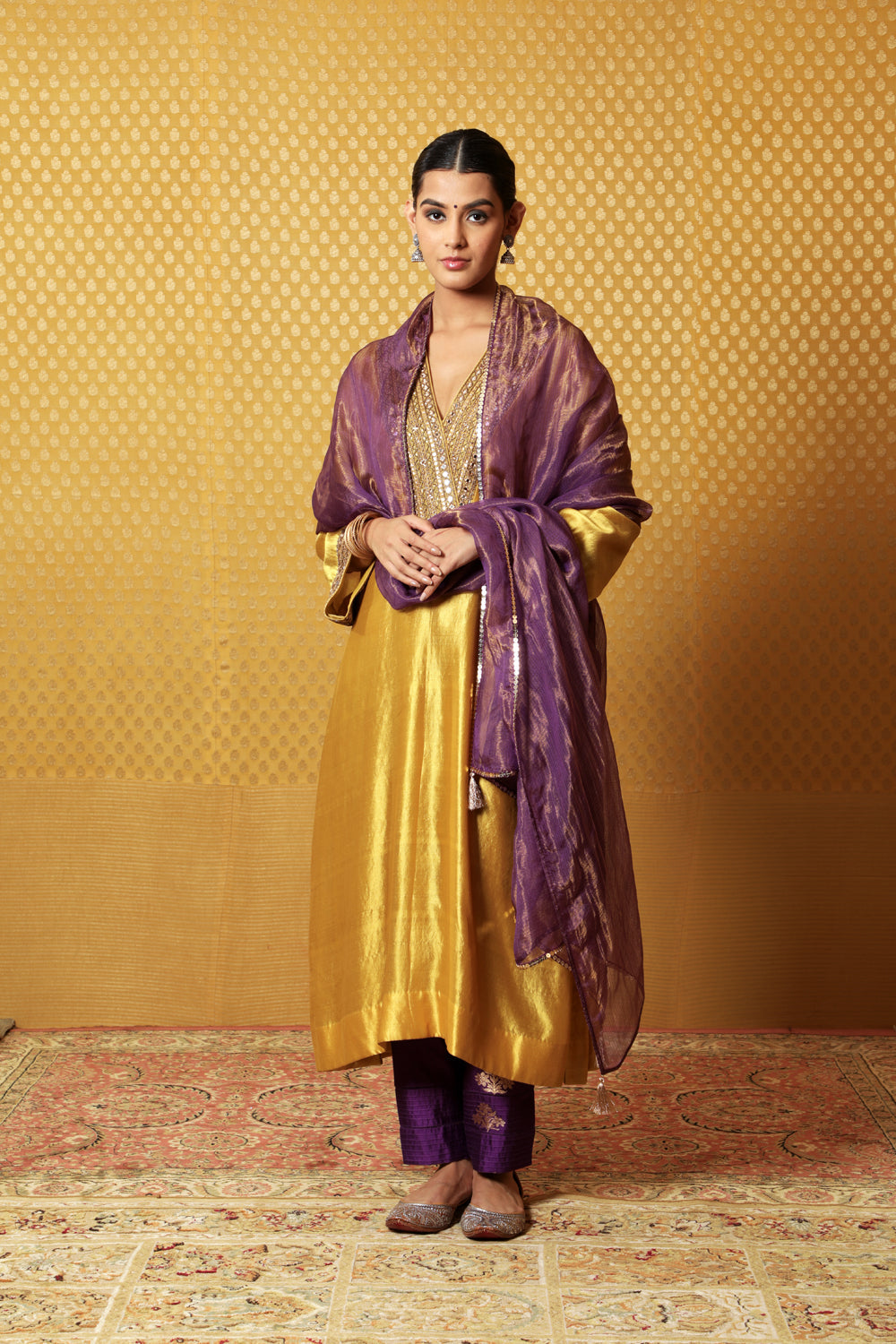 Hand-Embroidered Dusty Lime Pure Silk Kurta-Pants Set (Purple Pants & Dupatta) - Auraya Fashion - Trisvaraa - #tag1# - #tag2# - #tag3# - #tag3#