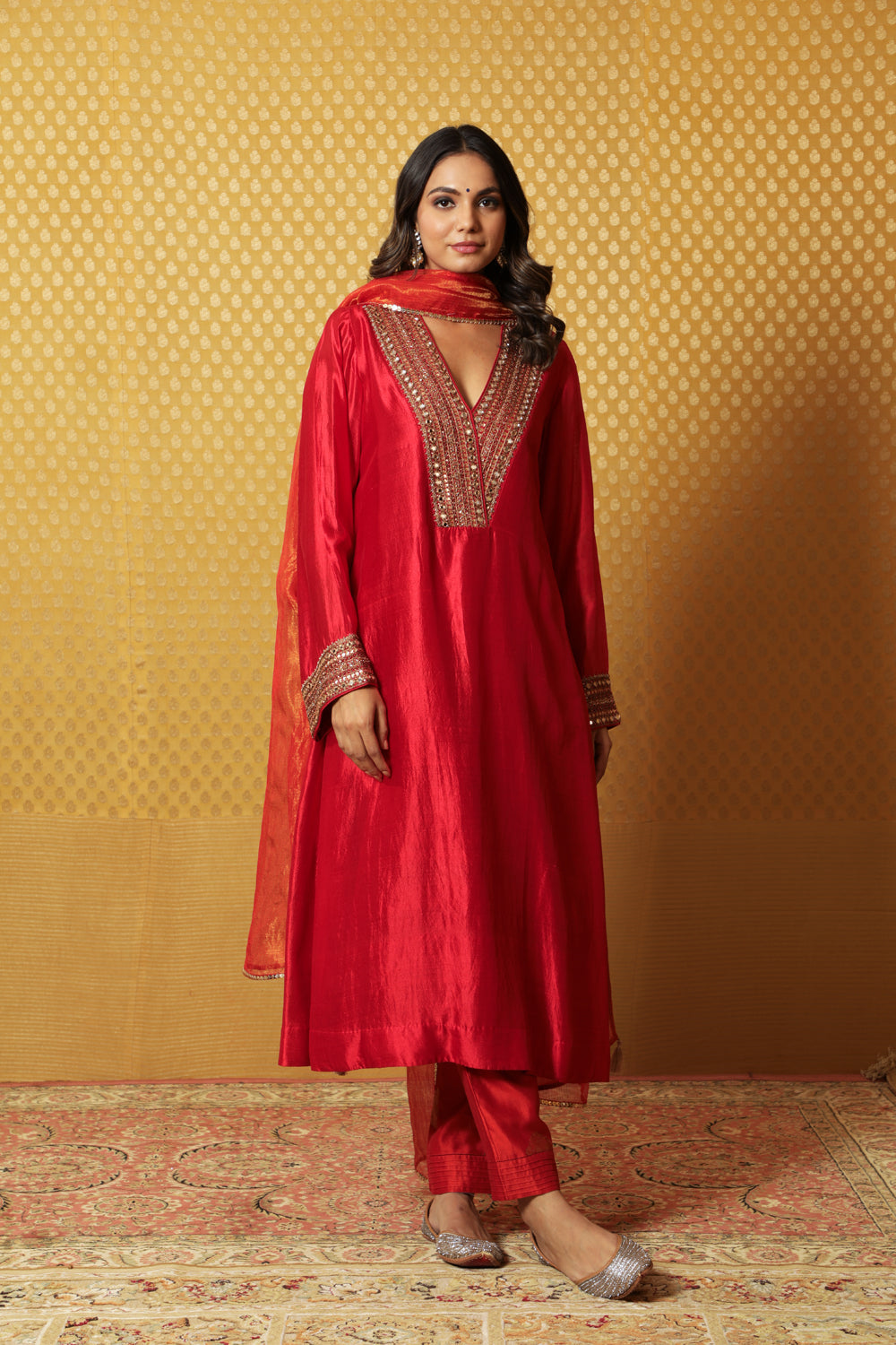 Hand-Embroidered Red Pure Silk Kurta- Pants Set (Rust-Orange Pants & Dupatta) - Auraya Fashion - Trisvaraa - #tag1# - #tag2# - #tag3# - #tag3#