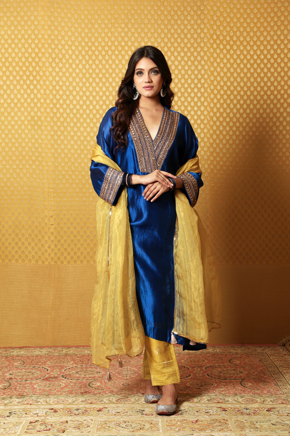 Hand-Embroidered Royal-Blue Pure Silk Kurta-Pants Set (Dusty-Lime Pants & Dupatta) - Auraya Fashion - Trisvaraa - #tag1# - #tag2# - #tag3# - #tag3#