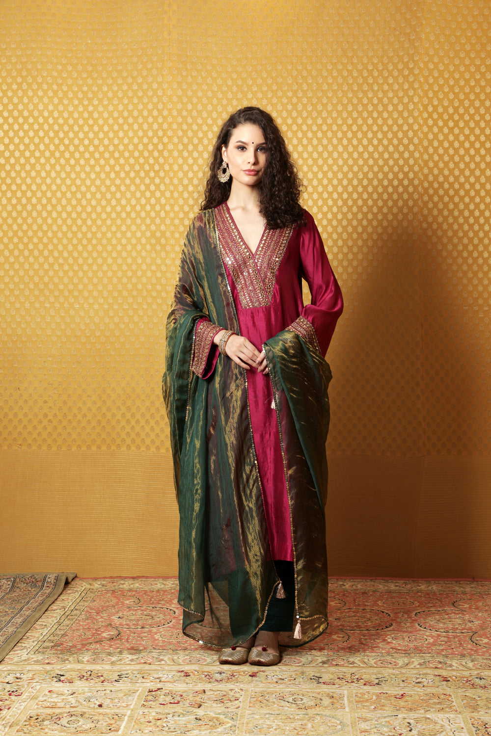 Hand-Embroidered Festival Fuchsia Pure Silk Kurta-Pants Set (Bottle-Green Pants & Dupatta) - Auraya Fashion - Trisvaraa - #tag1# - #tag2# - #tag3# - #tag3#