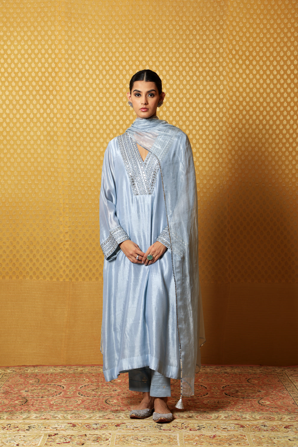 Hand-Embroidered Airy-Blue Pure Silk Kurta-Pants Set - Auraya Fashion - Trisvaraa - #tag1# - #tag2# - #tag3# - #tag3#