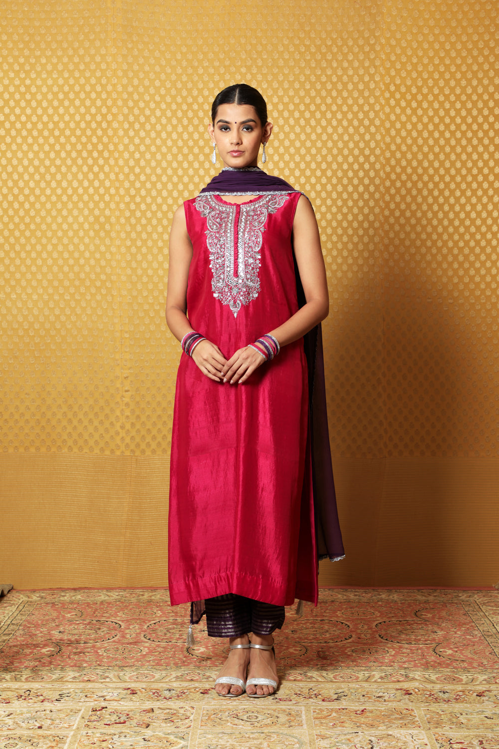 Jazzy-Pink Hand-Embroidered Pure Silk Sleeveless Kurta-Pants Set - Auraya Fashion - Trisvaraa - #tag1# - #tag2# - #tag3# - #tag3#