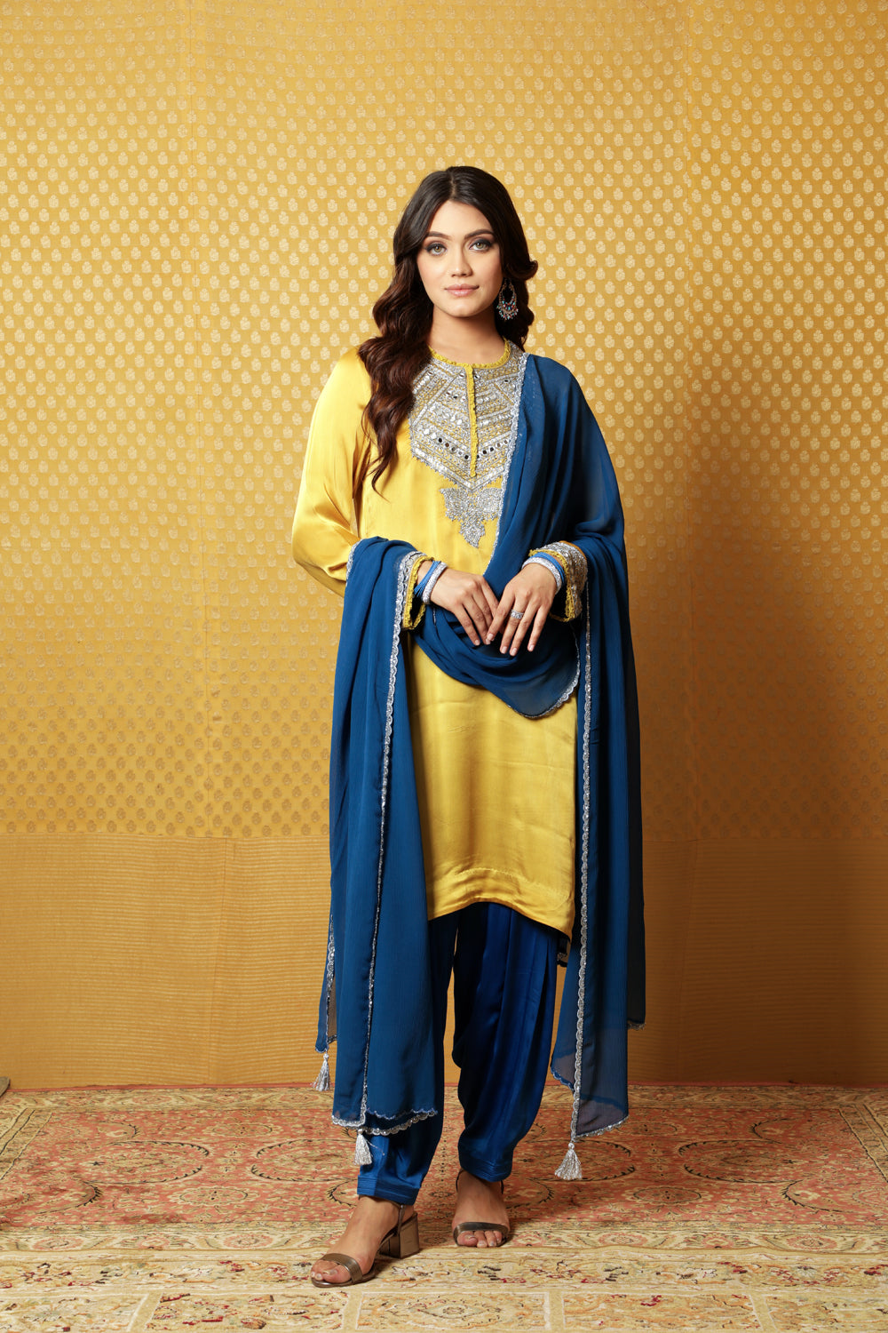 Hand-Embroidered Mustard Satin Kurta With Patiala Salwar Set - Auraya Fashion - Trisvaraa - #tag1# - #tag2# - #tag3# - #tag3#