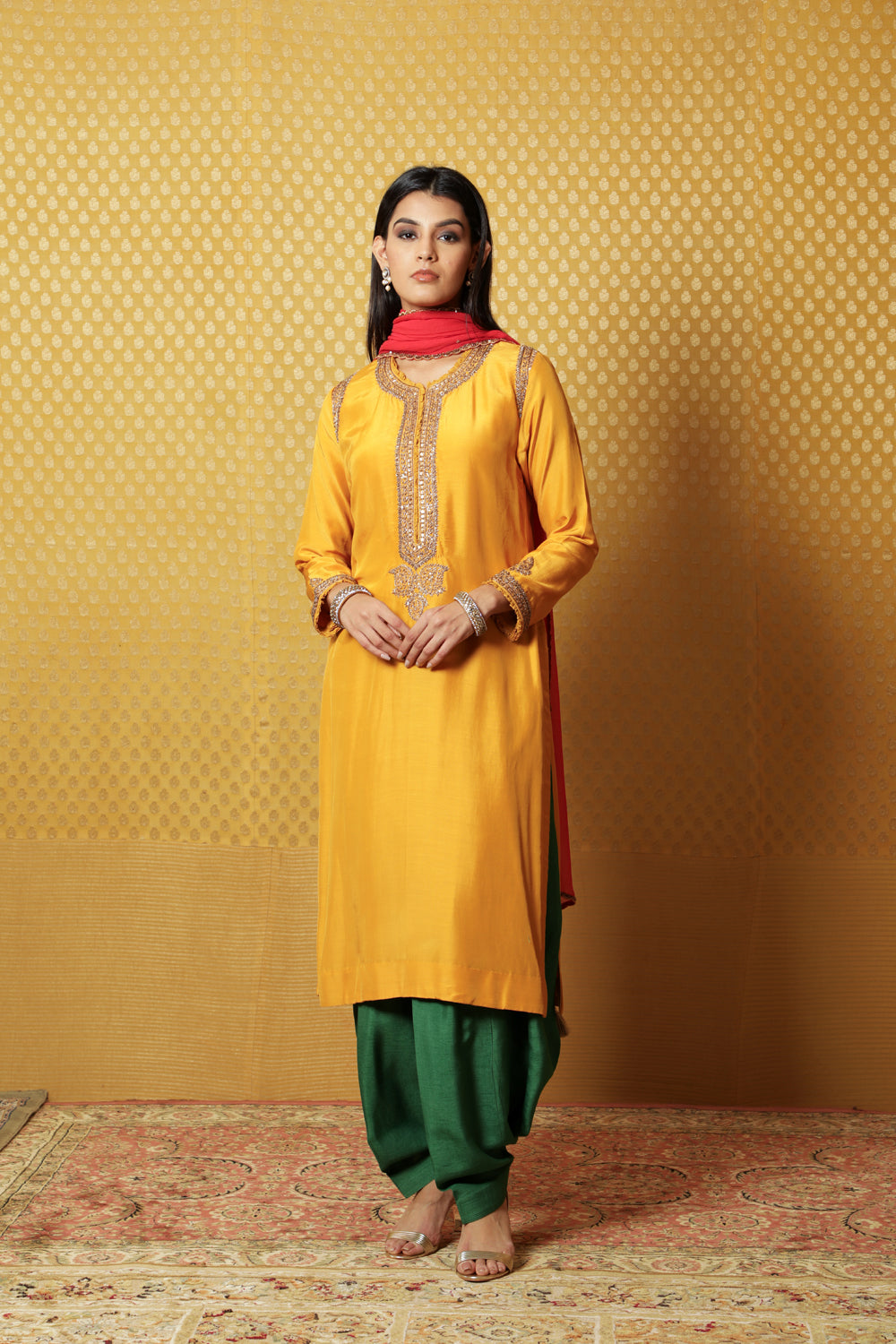 Hand-Embroidered Mango-Yellow Muga- Silk Kurta-Salwar Set - Auraya Fashion - Trisvaraa - #tag1# - #tag2# - #tag3# - #tag3#