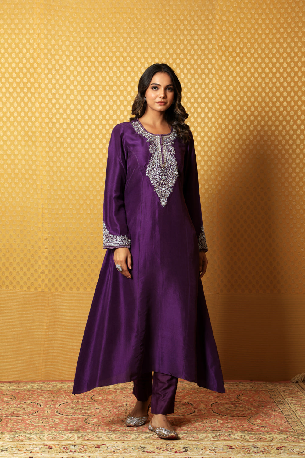 Aubergine Hand-Embroidered Pure Raw Silk Long Dress - Auraya Fashion - Trisvaraa - #tag1# - #tag2# - #tag3# - #tag3#