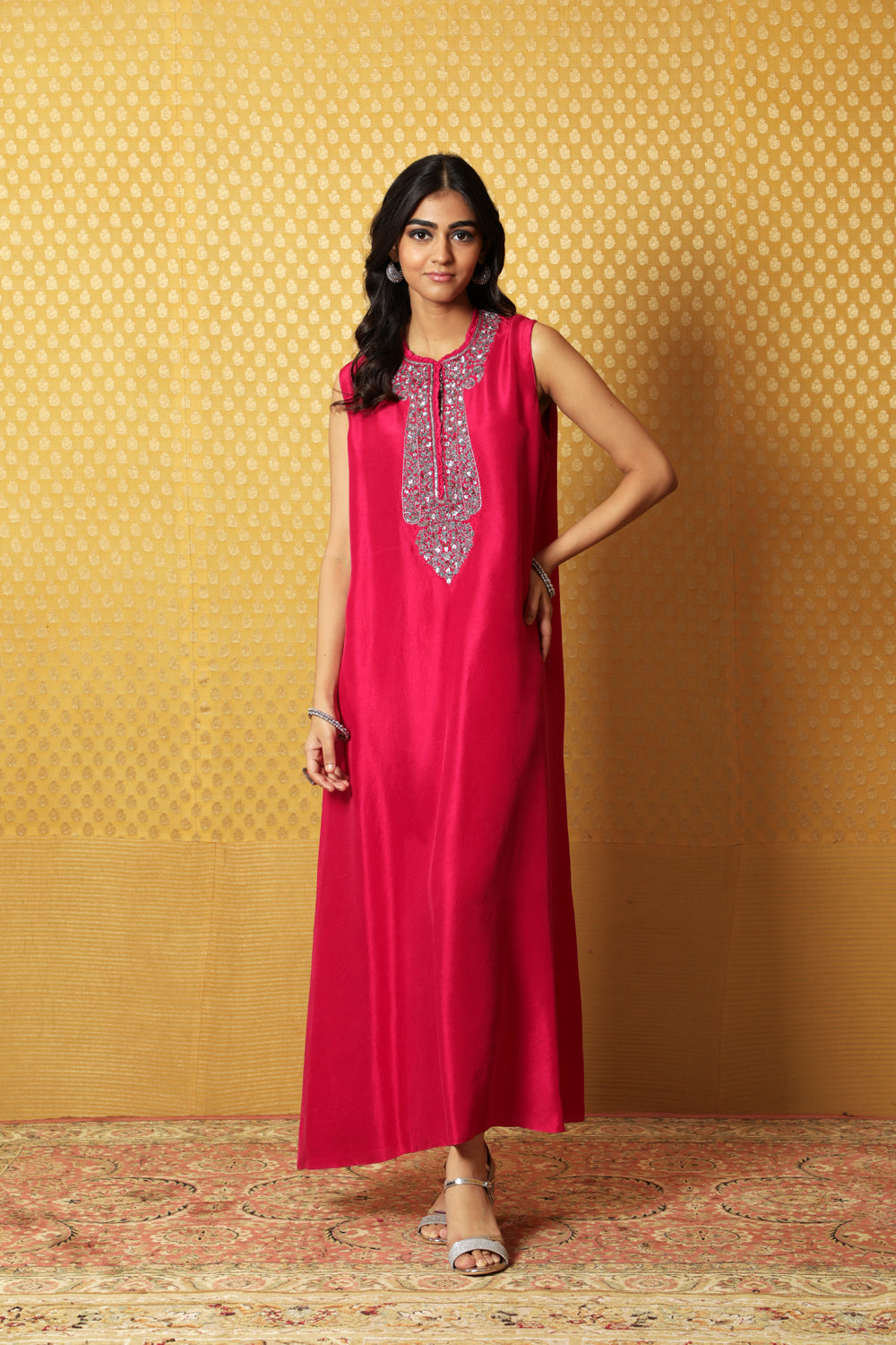 Rani-Pink Hand-Embroidered Pure Raw Silk Sleeveless Long Dress - Auraya Fashion - Trisvaraa - #tag1# - #tag2# - #tag3# - #tag3#