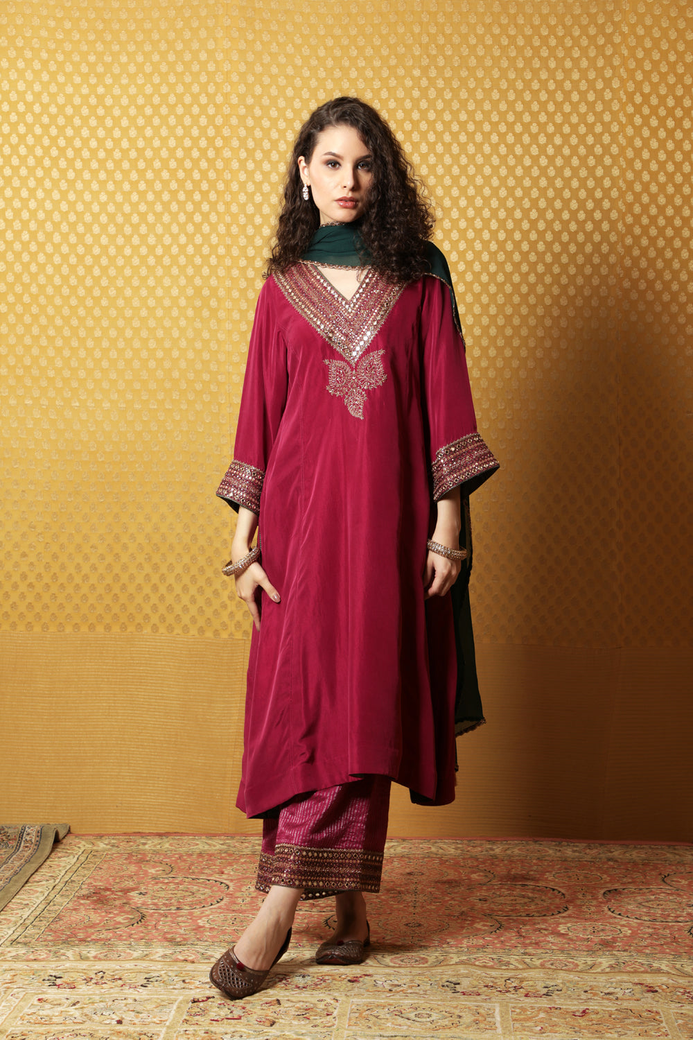 Hand-Embroidered Festival Fuchsia Pure Silk Kurta-Palazzo Set - Auraya Fashion - Trisvaraa - #tag1# - #tag2# - #tag3# - #tag3#