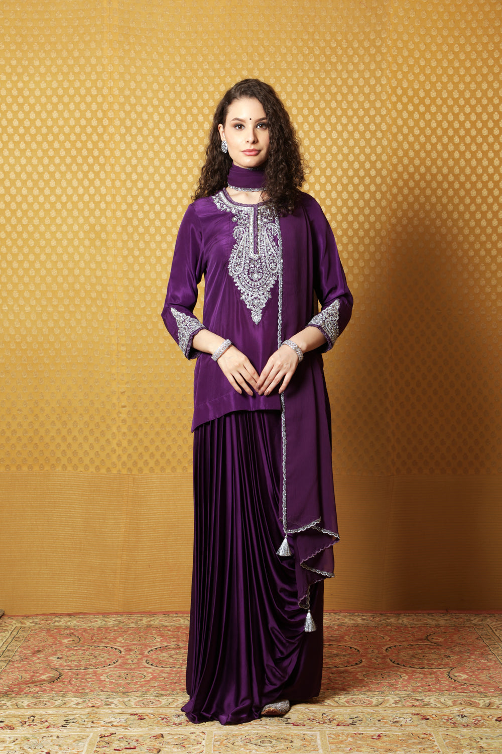 Aubergine Hand-Embroidered Pure Silk Short Kurta-Draped Skirt Set - Auraya Fashion - Trisvaraa - #tag1# - #tag2# - #tag3# - #tag3#