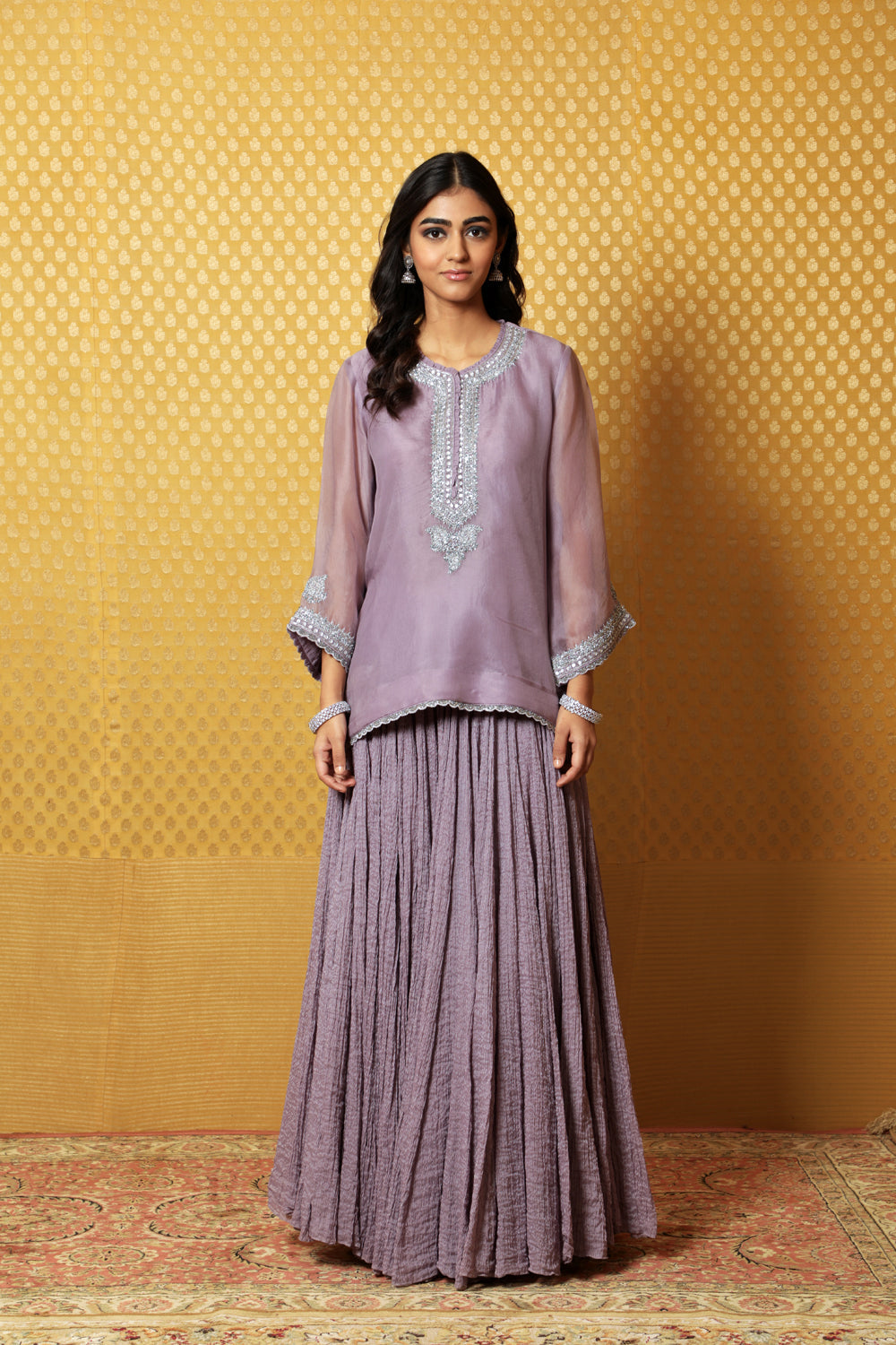 Hand-Embroidered Lavender Pure Silk- Organza Kurta-Lehenga Set - Auraya Fashion - Trisvaraa - #tag1# - #tag2# - #tag3# - #tag3#