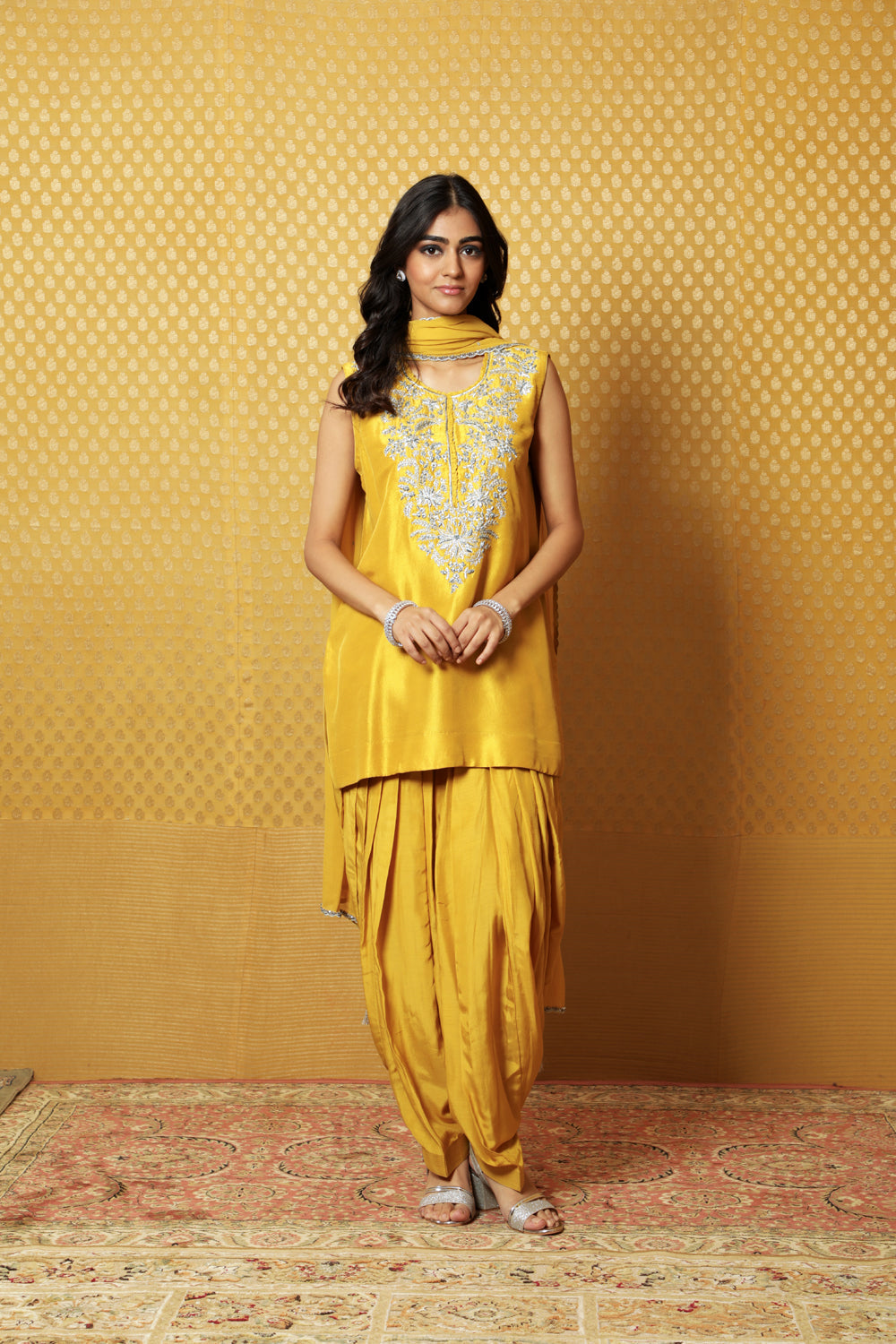 Hand-Embroidered Sulphur-Yellow Pure Raw-Silk Kurta-Patiala Salwar Set - Auraya Fashion - Trisvaraa - #tag1# - #tag2# - #tag3# - #tag3#