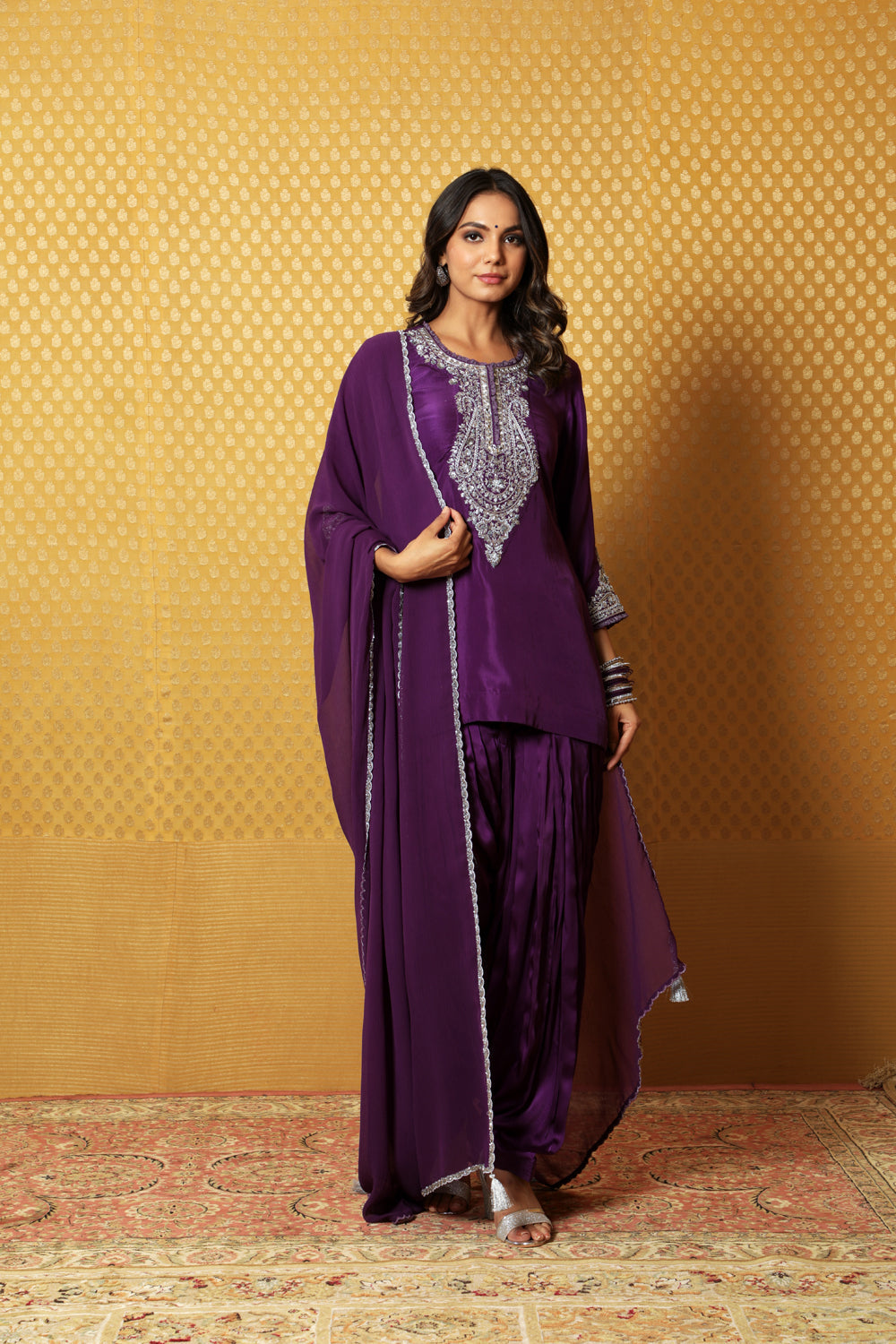 Aubergine Hand-Embroidered Pure Silk Kurta-Patiala Salwar Set - Auraya Fashion - Trisvaraa - #tag1# - #tag2# - #tag3# - #tag3#