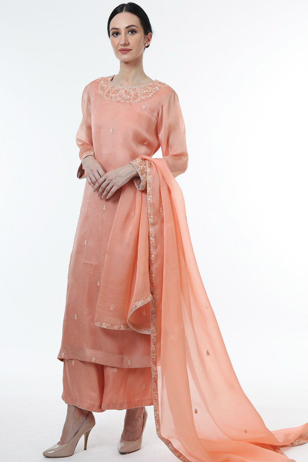 Embroidered Peach Kurta Set - Auraya Fashion - Trisvaraa - #tag1# - #tag2# - #tag3# - #tag3#