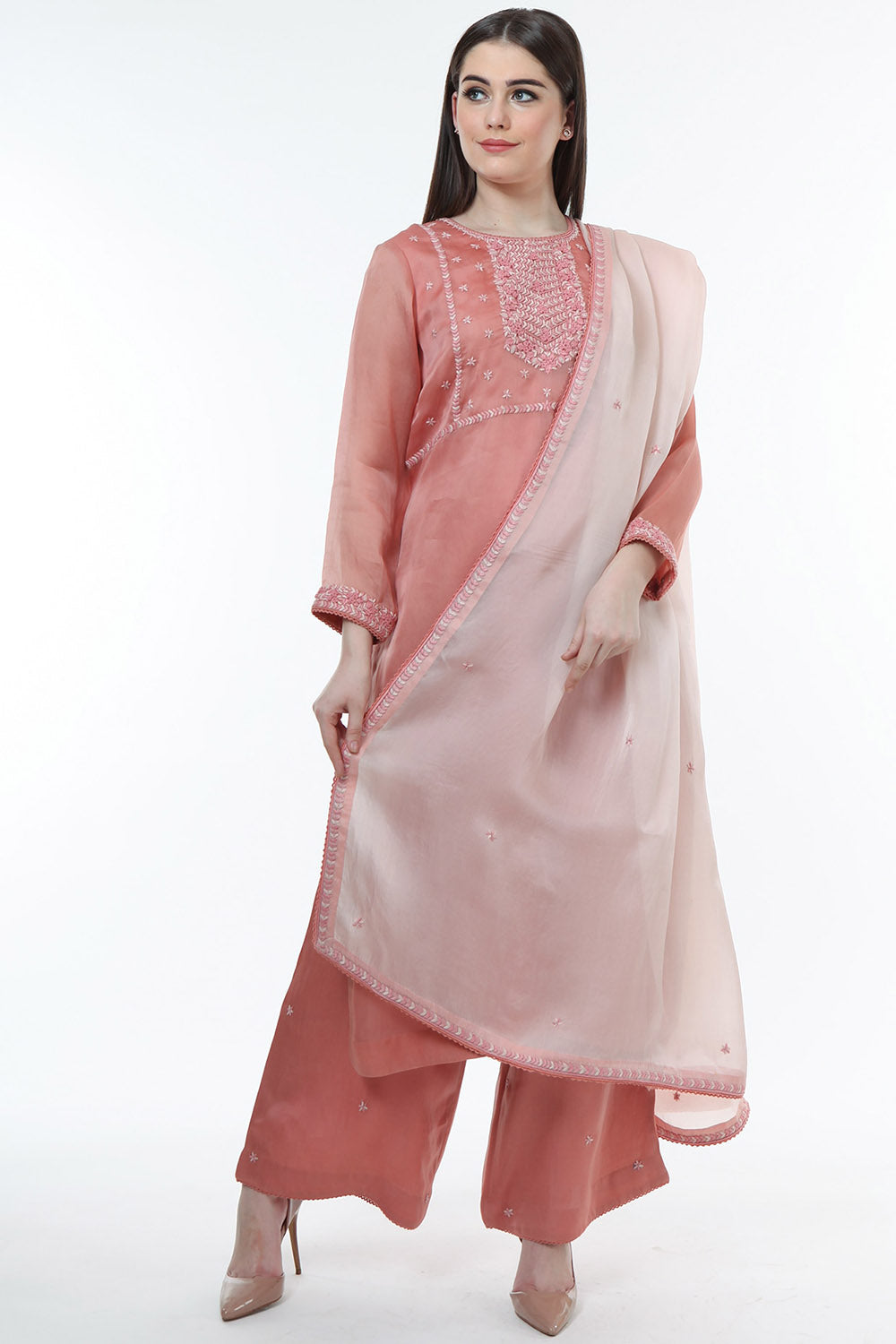 Embroidered Dusty Rose Kurta Set - Auraya Fashion - Trisvaraa - #tag1# - #tag2# - #tag3# - #tag3#