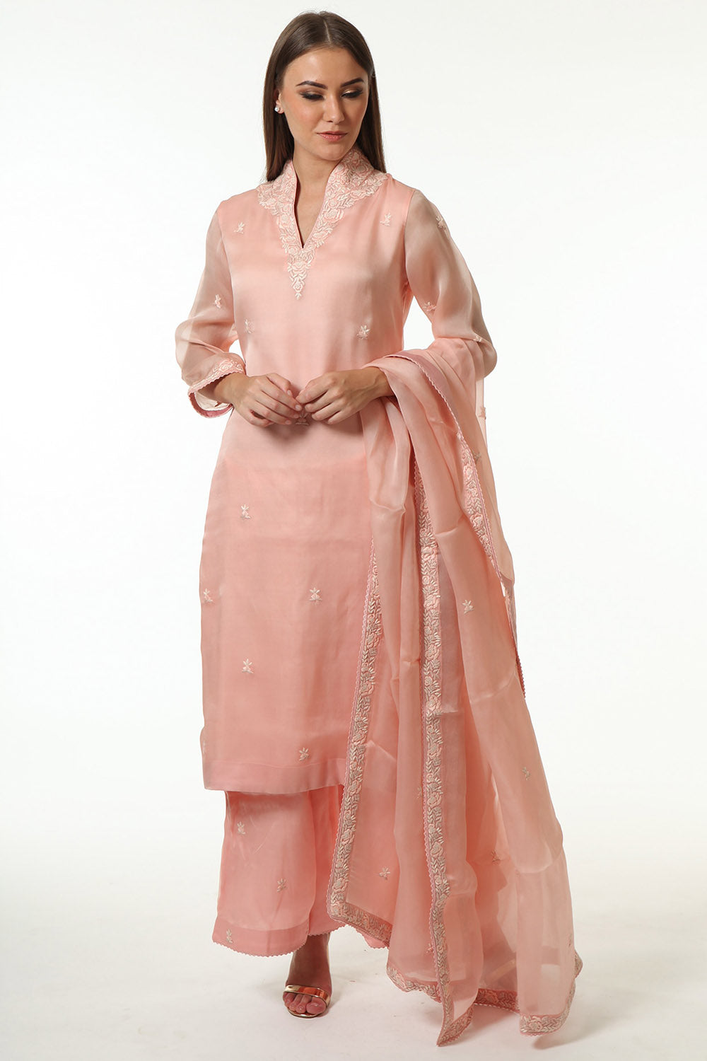 Embroidered Baby Pink Kurta Set - Auraya Fashion - Trisvaraa - #tag1# - #tag2# - #tag3# - #tag3#