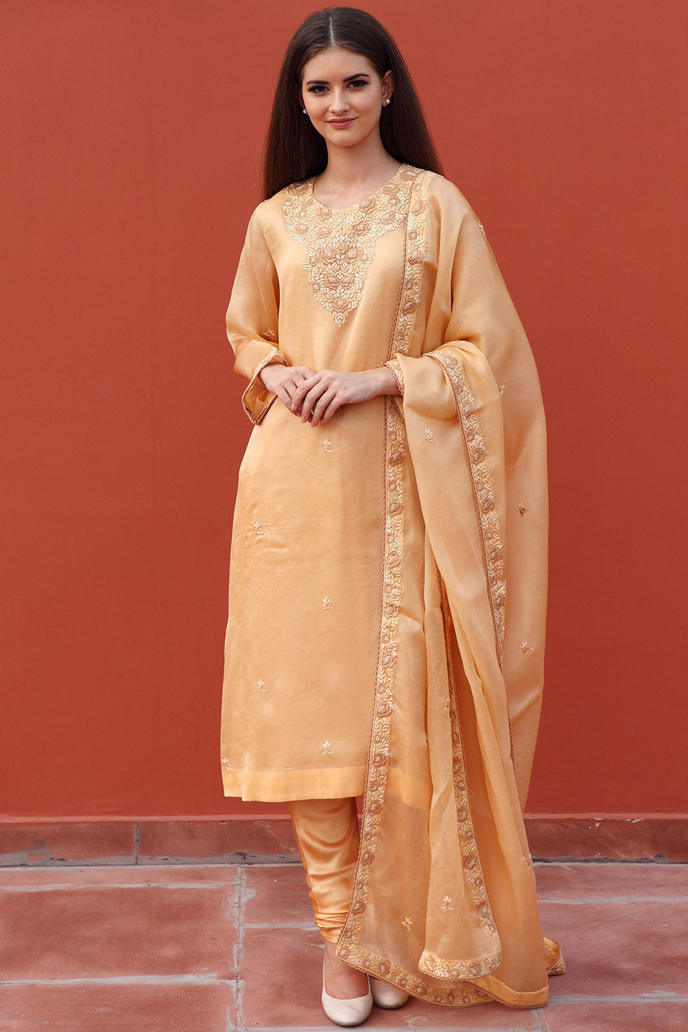 Embroidered Caramel & Beige Kurta Set - Auraya Fashion - Trisvaraa - #tag1# - #tag2# - #tag3# - #tag3#