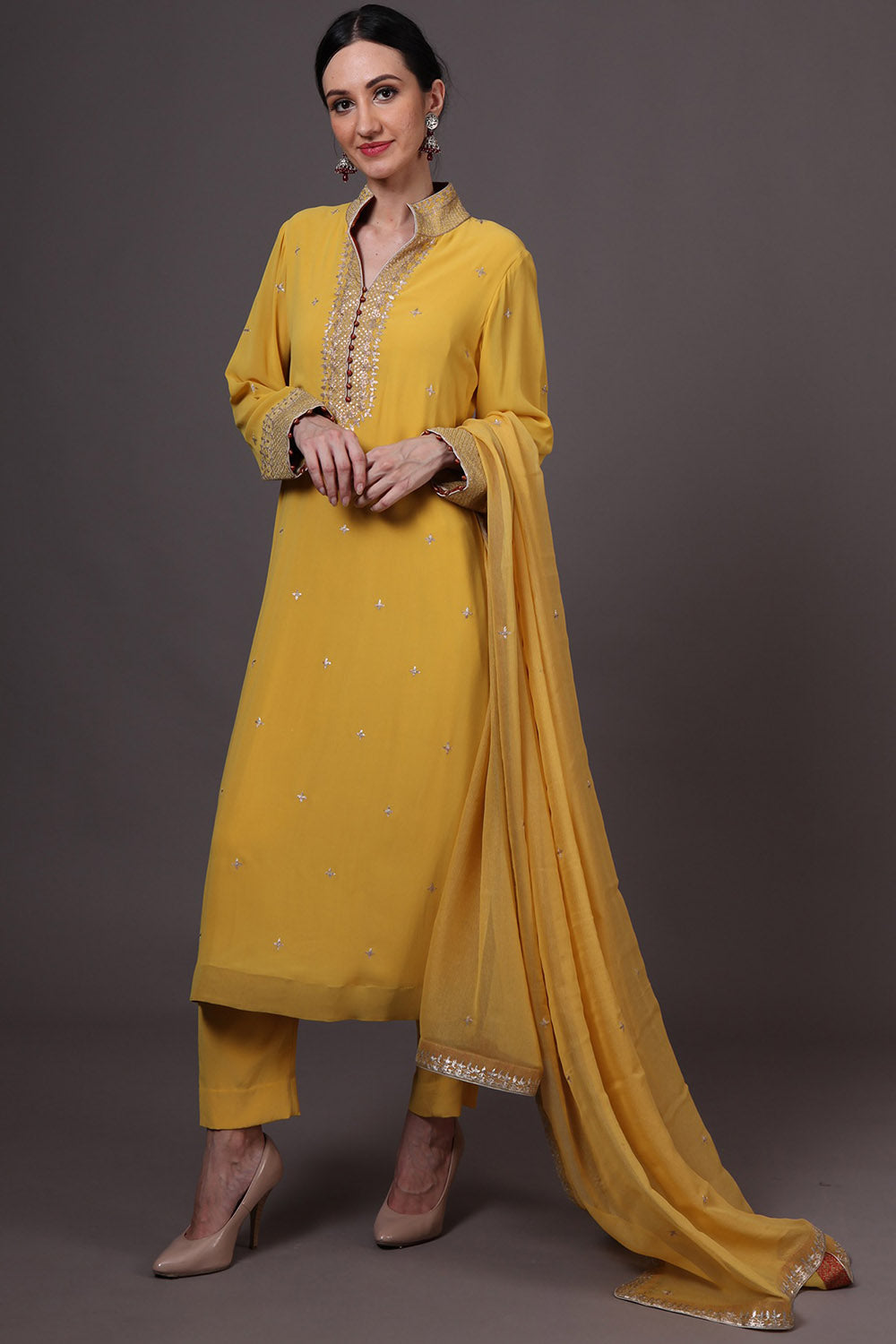 Embroidered Yellow Kurta Set - Auraya Fashion - Trisvaraa - #tag1# - #tag2# - #tag3# - #tag3#