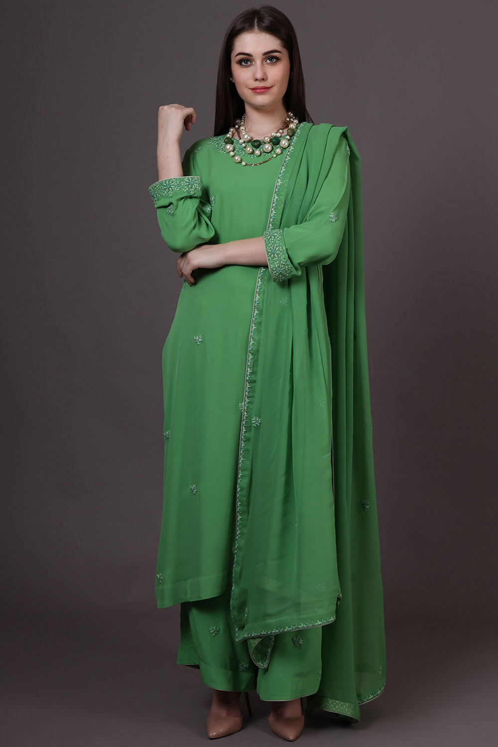 Embroidered Green Pure Crepe Kurta Set - Auraya Fashion - Trisvaraa - #tag1# - #tag2# - #tag3# - #tag3#