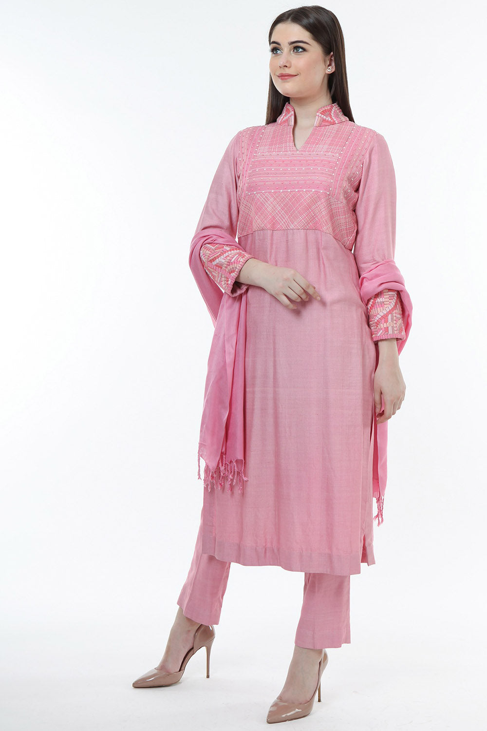 Embroidered Pink Tussar Kurta Set - Auraya Fashion - Trisvaraa - #tag1# - #tag2# - #tag3# - #tag3#