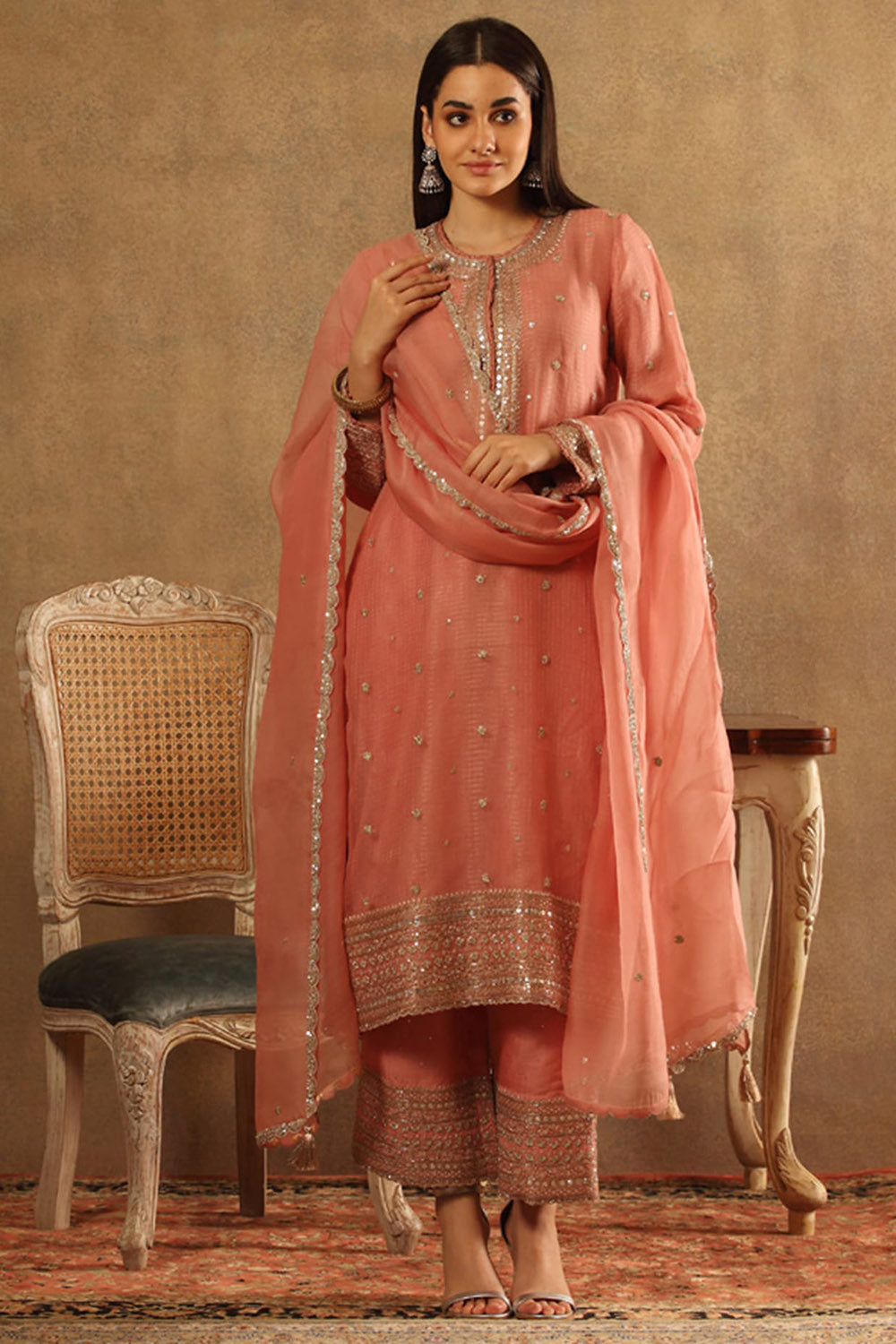 Embroidered Strawberry Ice Pink Katan Silk Kurta Set - Auraya Fashion - Trisvaraa - #tag1# - #tag2# - #tag3# - #tag3#