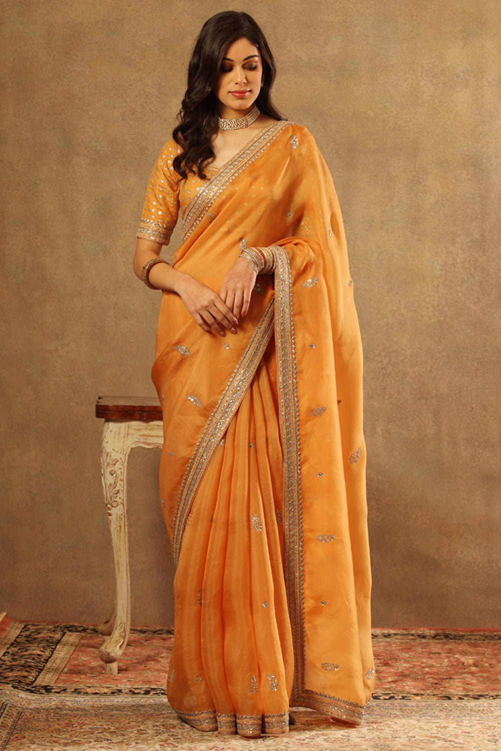 Handwoven Marigold Yellow Pure Silk Organza Saree Set - Auraya Fashion - Trisvaraa - #tag1# - #tag2# - #tag3# - #tag3#