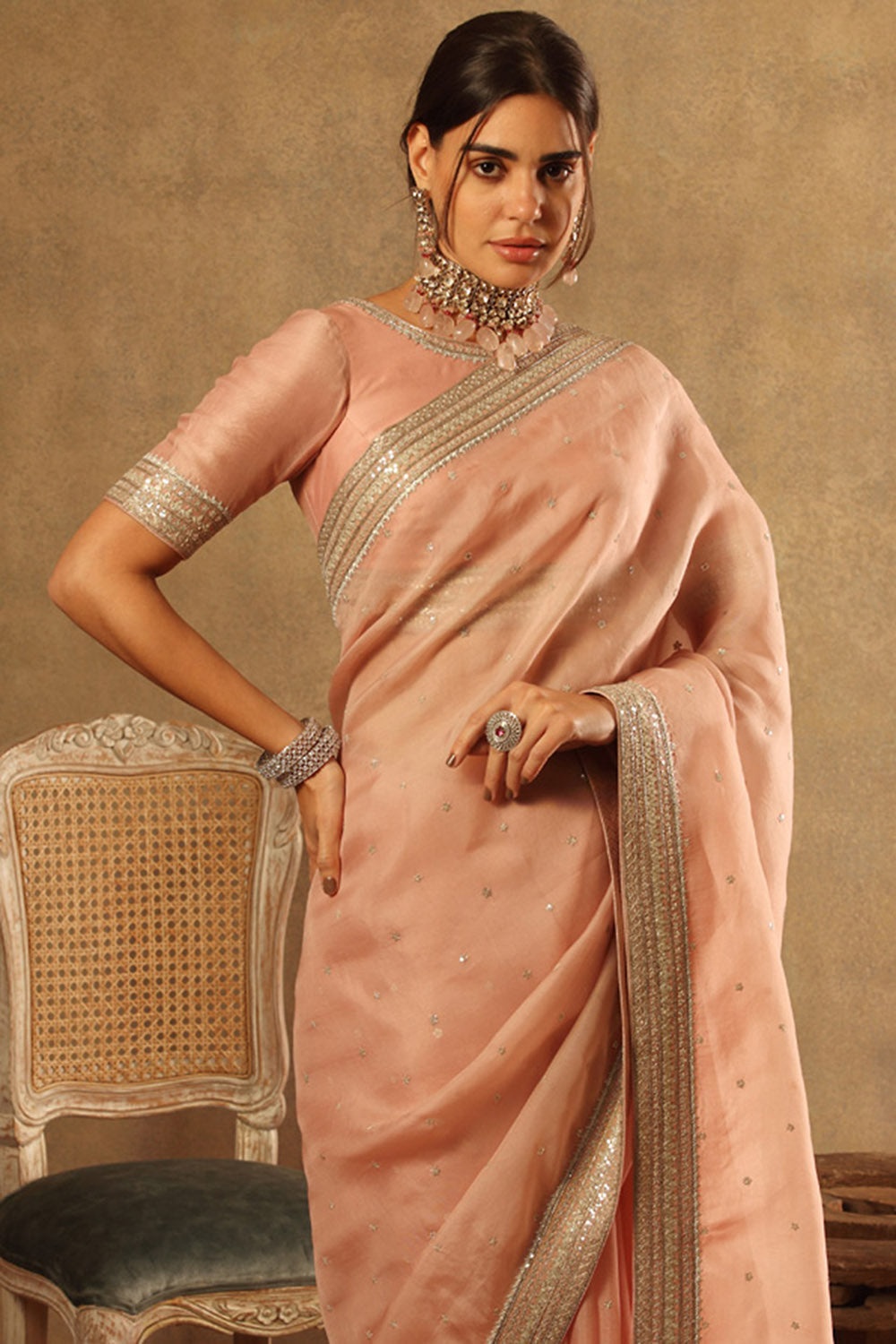 Handwoven Dusty Pink Pure Silk Organza Saree Set - Auraya Fashion -  - #tag1# - #tag2# - #tag3# - #tag3#