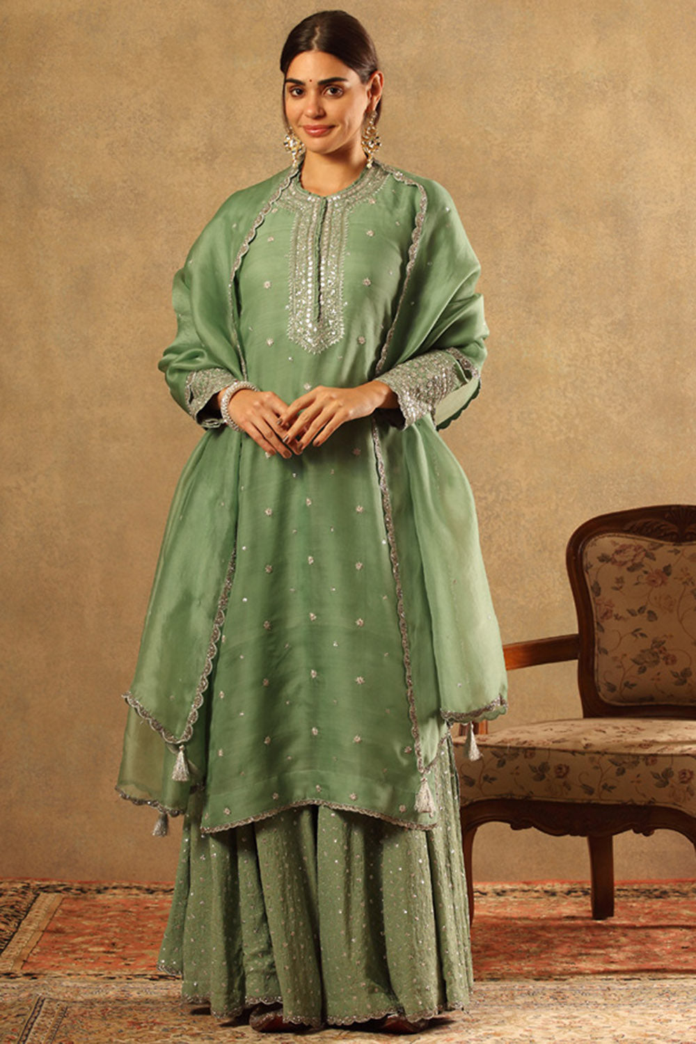 Handwoven Spruce Green Silk Chiffon Sharara Set - Auraya Fashion - Trisvaraa - #tag1# - #tag2# - #tag3# - #tag3#