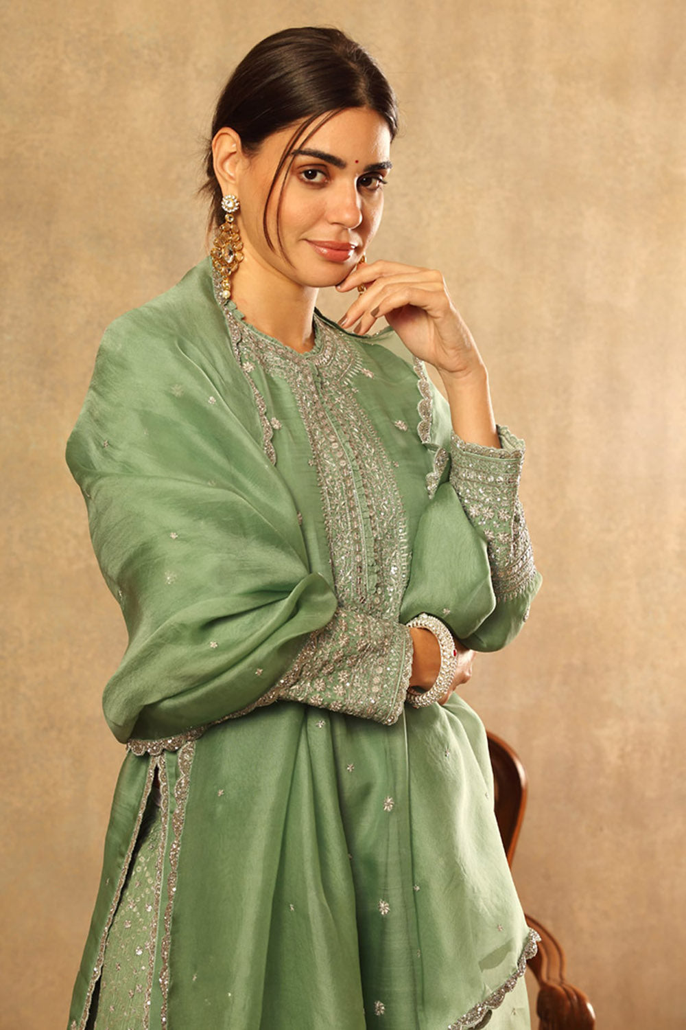 Handwoven Spruce Green Silk Chiffon Sharara Set - Auraya Fashion -  - #tag1# - #tag2# - #tag3# - #tag3#