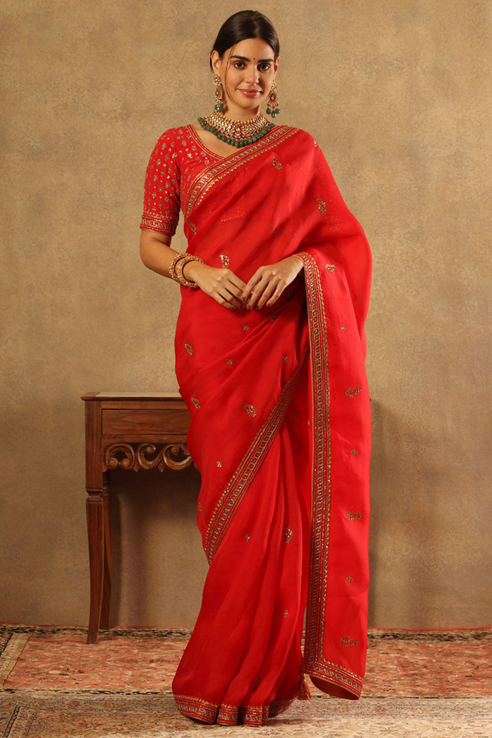 Handwoven Tomato Red Silk Organza Saree Set - Auraya Fashion - Trisvaraa - #tag1# - #tag2# - #tag3# - #tag3#