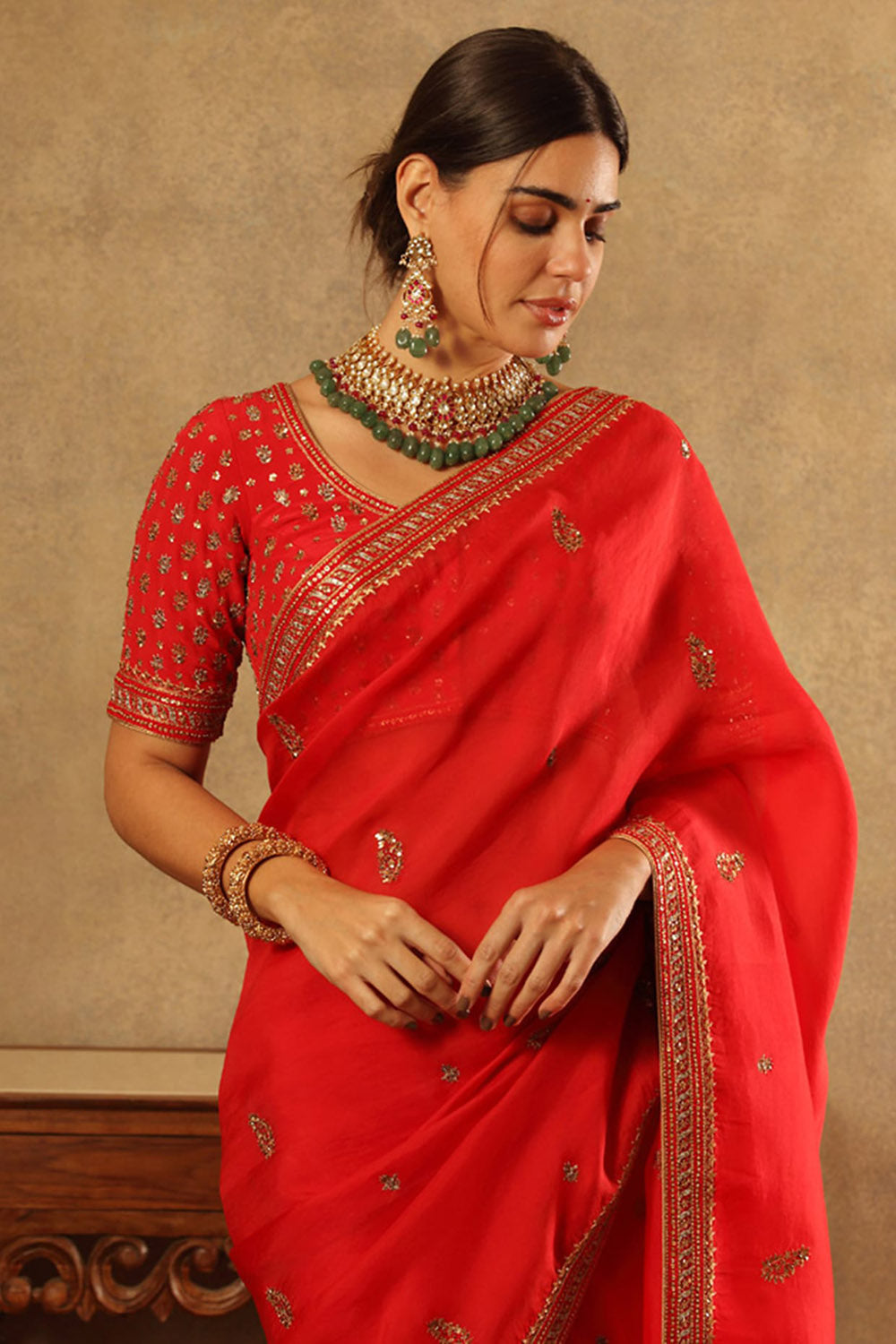 Handwoven Tomato Red Silk Organza Saree Set - Auraya Fashion -  - #tag1# - #tag2# - #tag3# - #tag3#