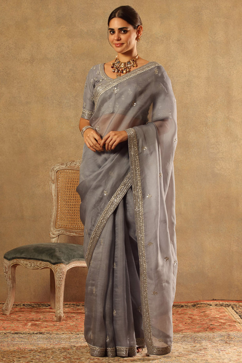 Handwoven Grey Pure Silk Organza Saree Set - Auraya Fashion - Trisvaraa - #tag1# - #tag2# - #tag3# - #tag3#