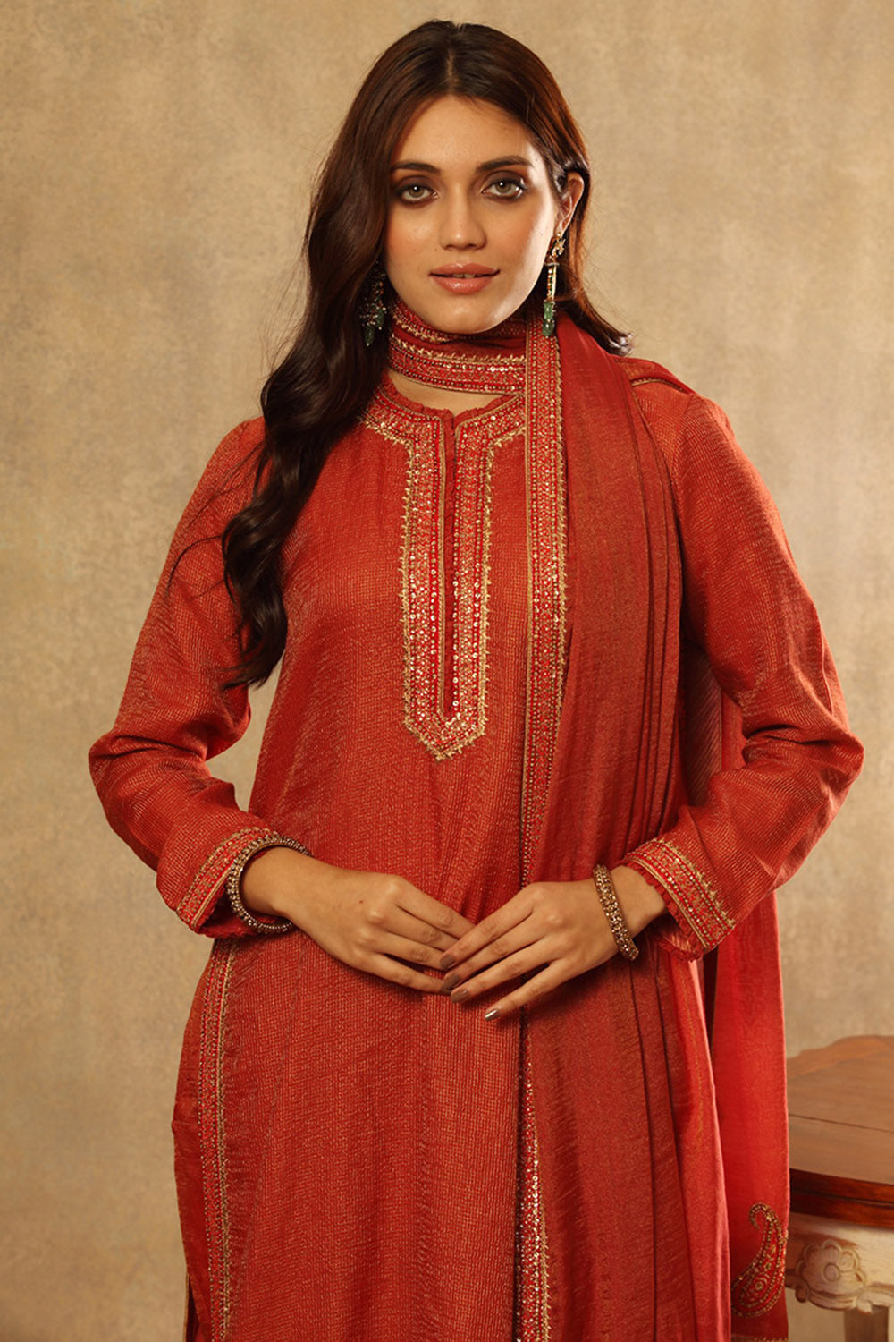 Embroidered Clay Red Silk Cotton Kurta Set - Auraya Fashion -  - #tag1# - #tag2# - #tag3# - #tag3#