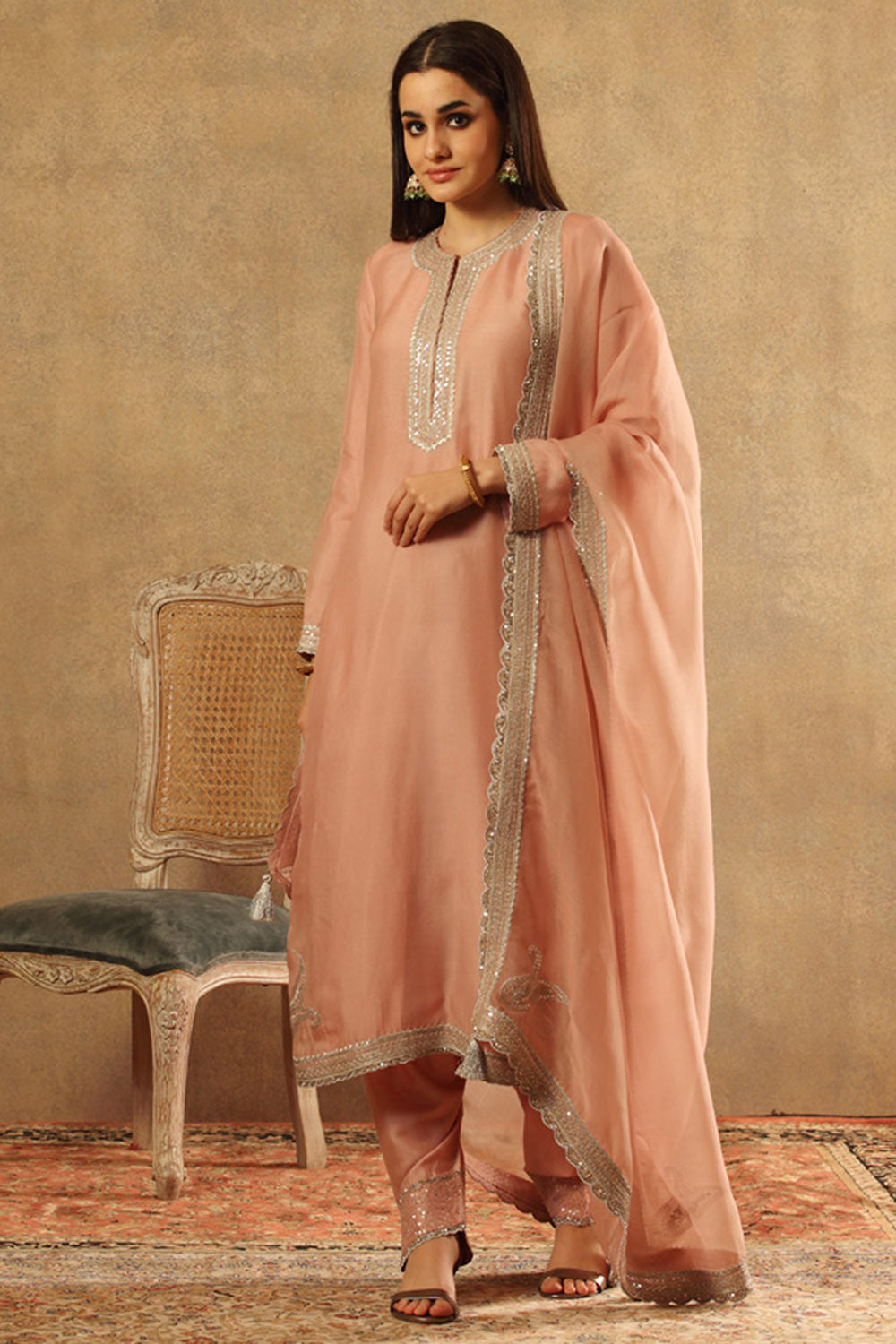 Embroidered Dusty Pink Pure Silk Organza Kurta Set - Auraya Fashion - Trisvaraa - #tag1# - #tag2# - #tag3# - #tag3#