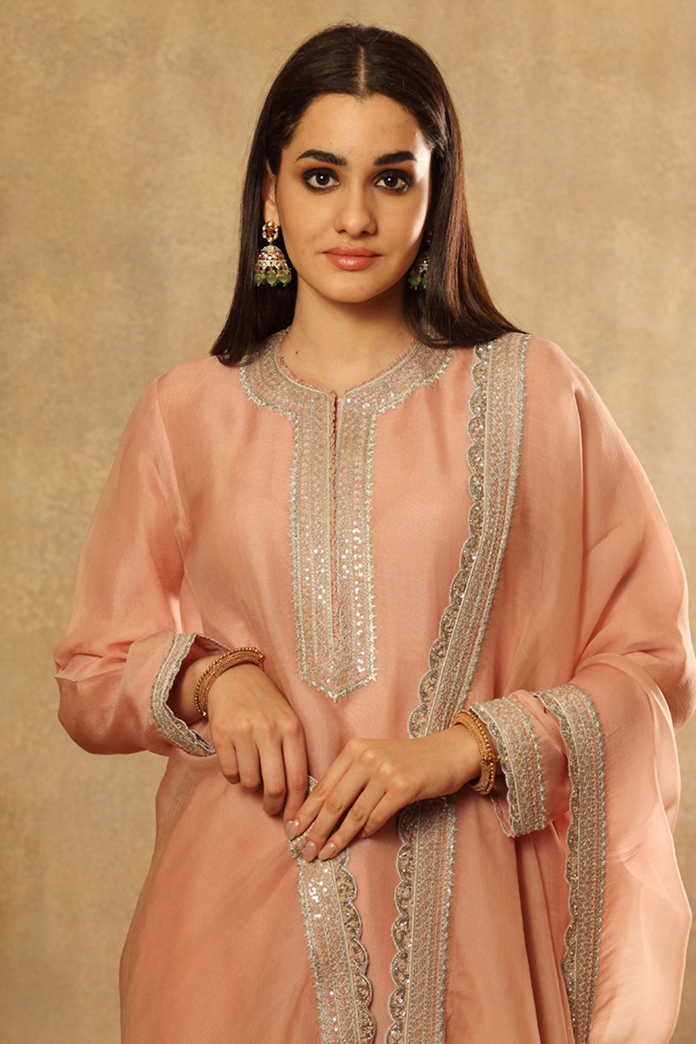 Embroidered Dusty Pink Pure Silk Organza Kurta Set - Auraya Fashion -  - #tag1# - #tag2# - #tag3# - #tag3#