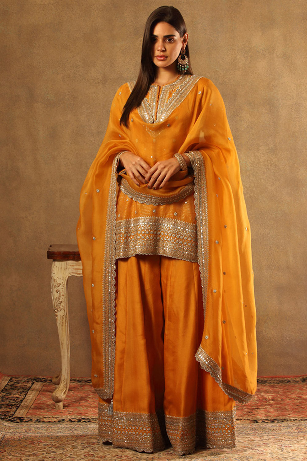 Embroidered Mango Yellow Pure Silk Organza Sharara Set - Auraya Fashion - Trisvaraa - #tag1# - #tag2# - #tag3# - #tag3#