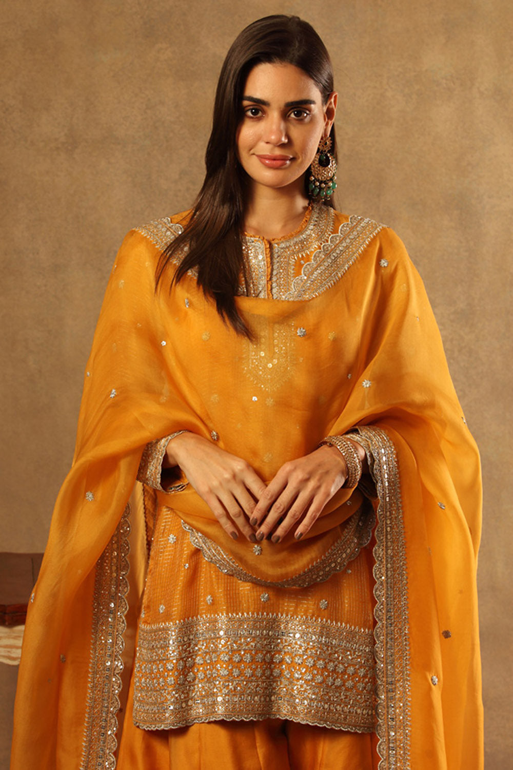 Embroidered Mango Yellow Pure Silk Organza Sharara Set - Auraya Fashion -  - #tag1# - #tag2# - #tag3# - #tag3#