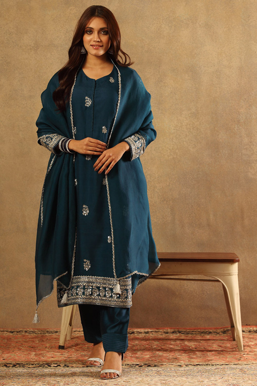 Handwoven Blue Katan Silk Kurta Set - Auraya Fashion - Trisvaraa - #tag1# - #tag2# - #tag3# - #tag3#