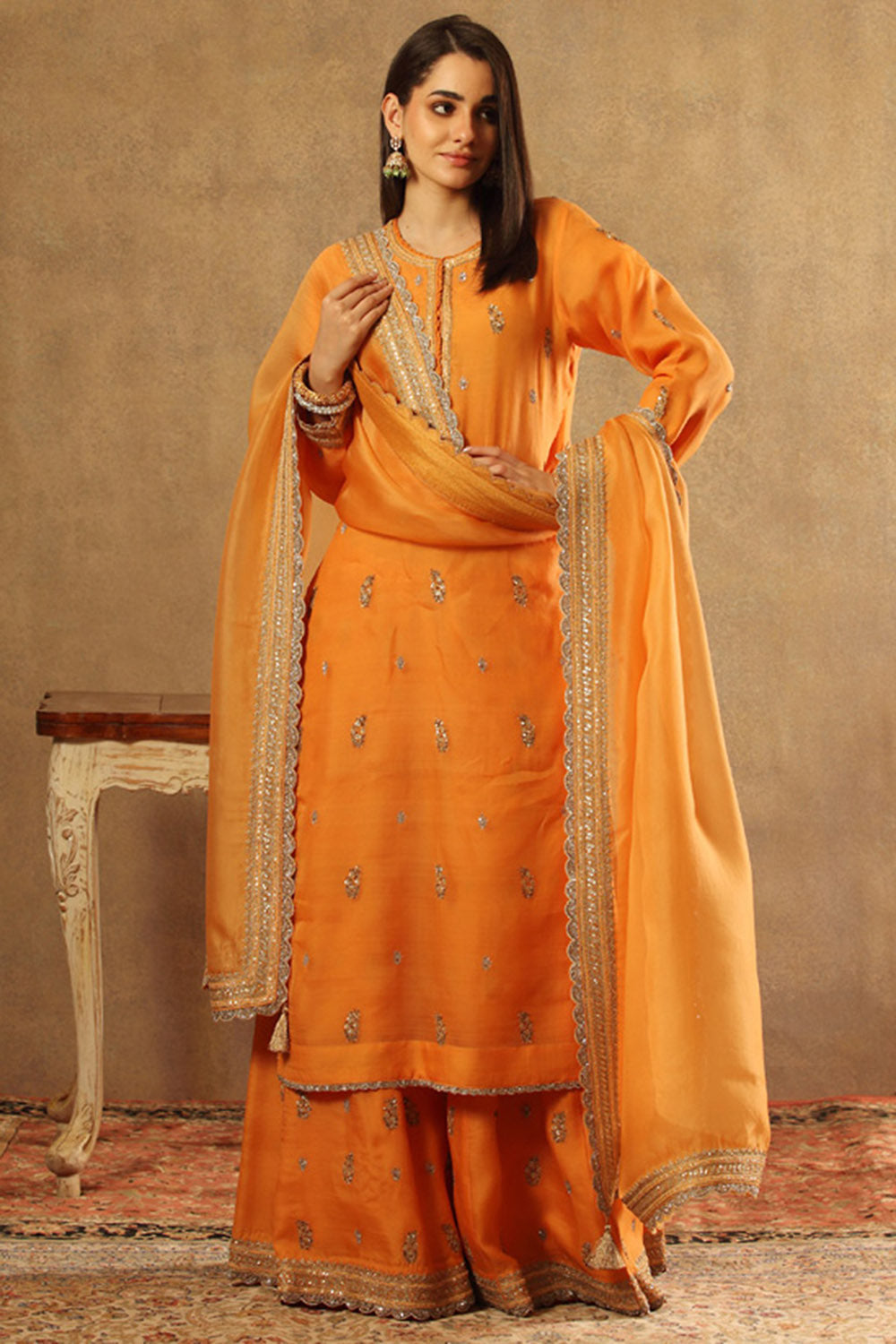 Handwoven Marigold Orange Katan Silk Kurta Set - Auraya Fashion - Trisvaraa - #tag1# - #tag2# - #tag3# - #tag3#