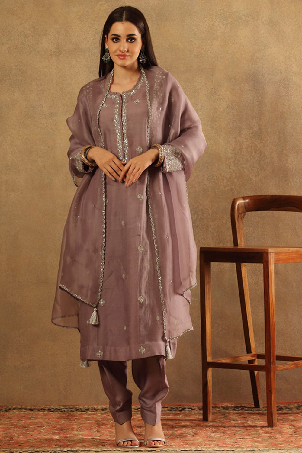 Handwoven Ash Lavender Katan Silk Kurta Set - Auraya Fashion - Trisvaraa - #tag1# - #tag2# - #tag3# - #tag3#