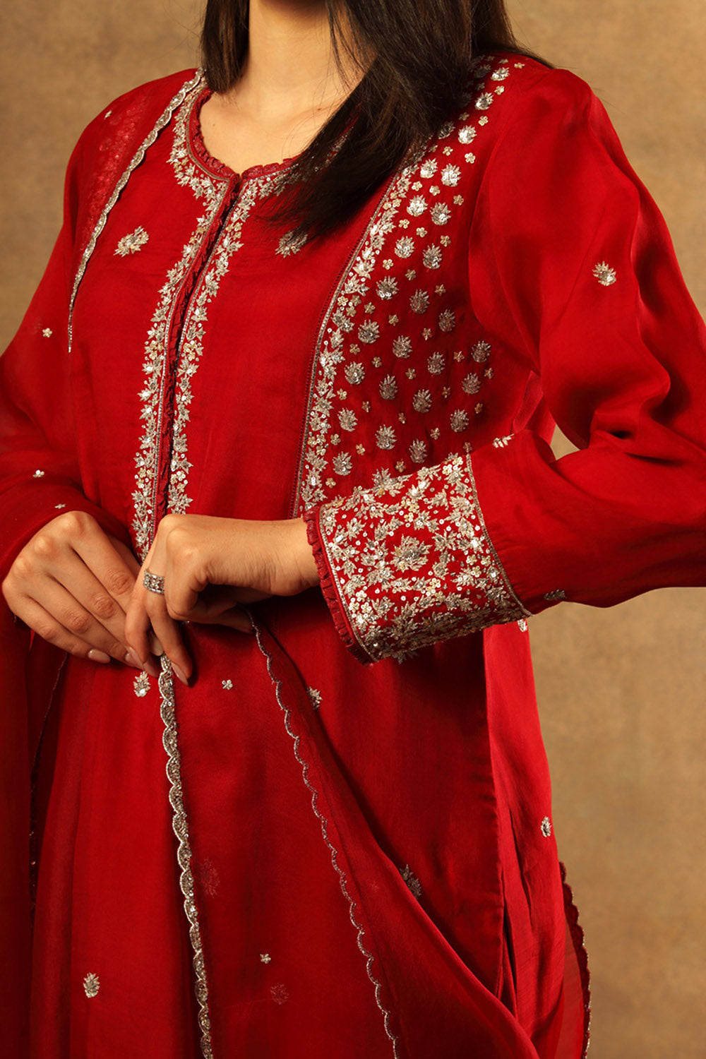 Handwoven Red Katan Silk Kurta Set - Auraya Fashion -  - #tag1# - #tag2# - #tag3# - #tag3#