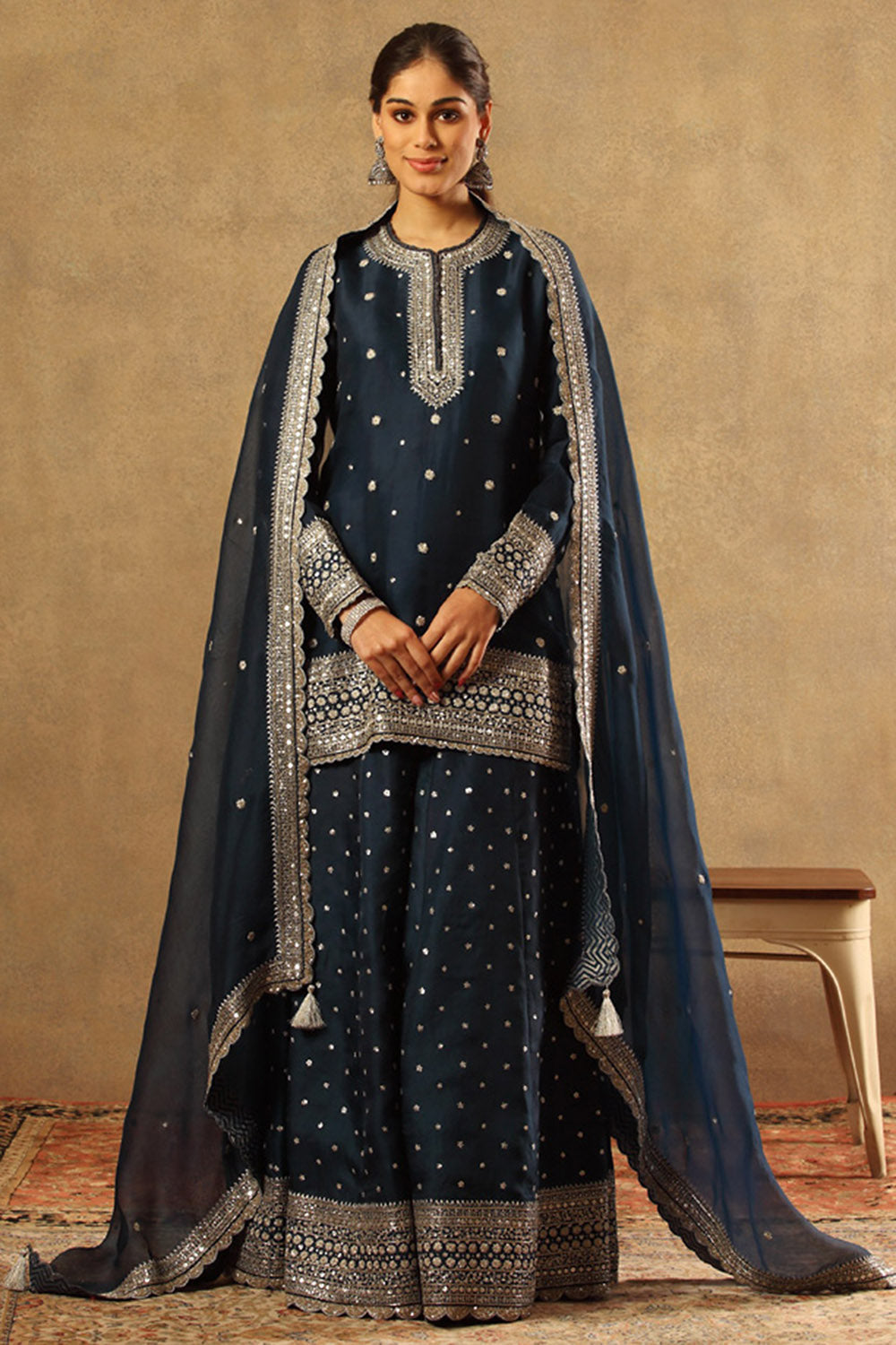 Embroidered Blue Pure Silk Organza Sharara Set - Auraya Fashion - Trisvaraa - #tag1# - #tag2# - #tag3# - #tag3#