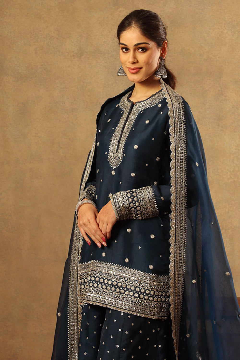 Embroidered Blue Pure Silk Organza Sharara Set - Auraya Fashion -  - #tag1# - #tag2# - #tag3# - #tag3#