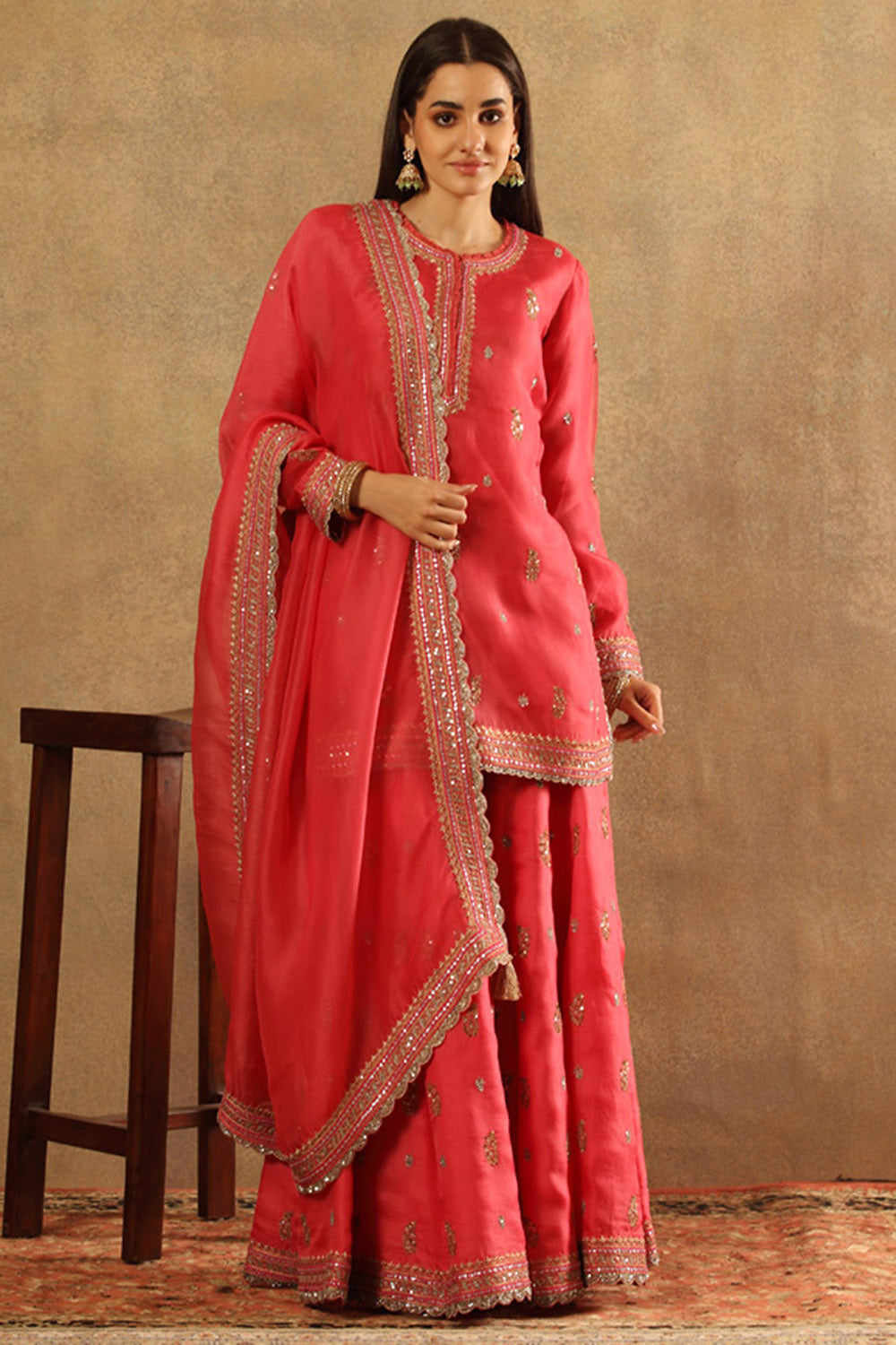 Embroidered Candy Pink Pure Silk Organza Sharara Set - Auraya Fashion - Trisvaraa - #tag1# - #tag2# - #tag3# - #tag3#