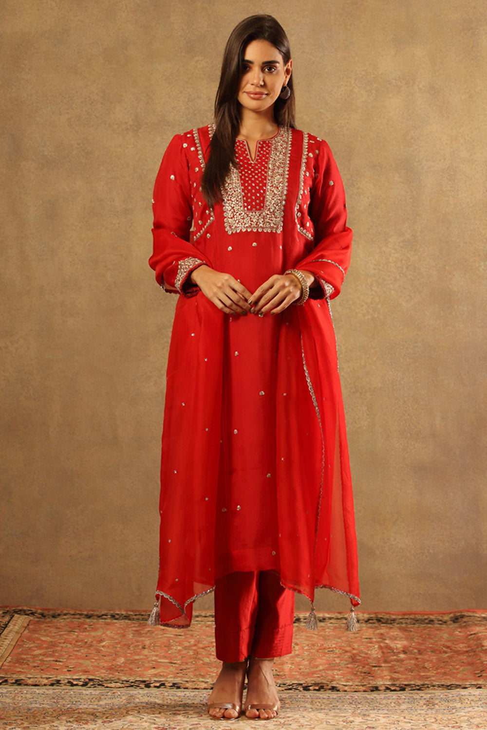 Embroidered Poppy Red Pure Silk Organza Kurta Set - Auraya Fashion - Trisvaraa - #tag1# - #tag2# - #tag3# - #tag3#