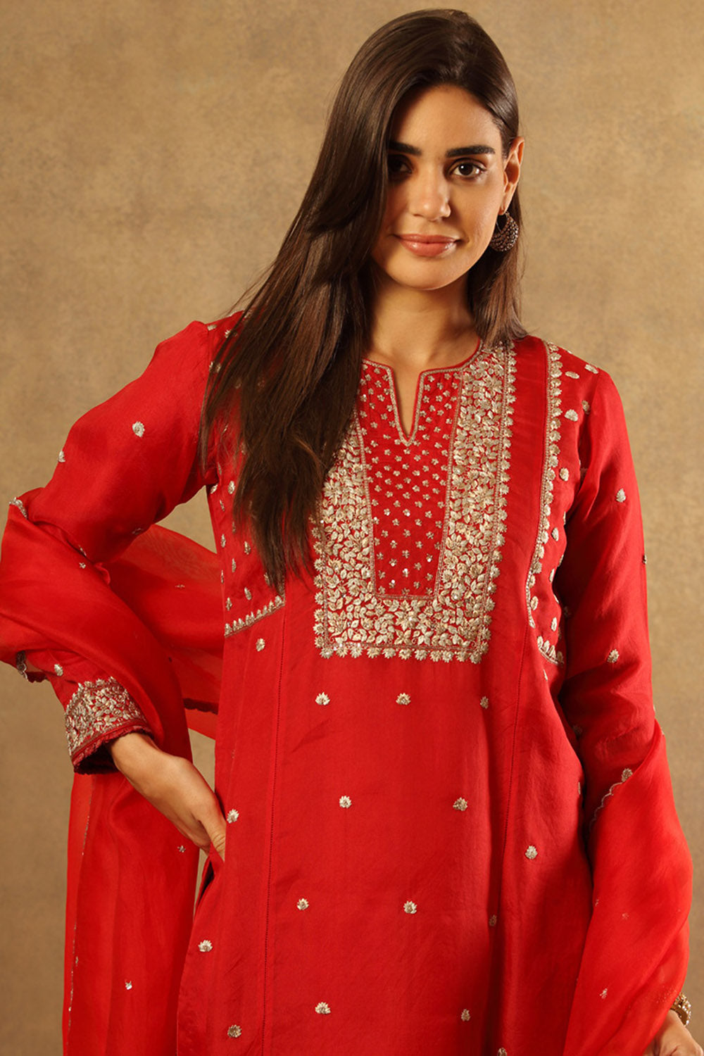 Embroidered Poppy Red Pure Silk Organza Kurta Set - Auraya Fashion -  - #tag1# - #tag2# - #tag3# - #tag3#