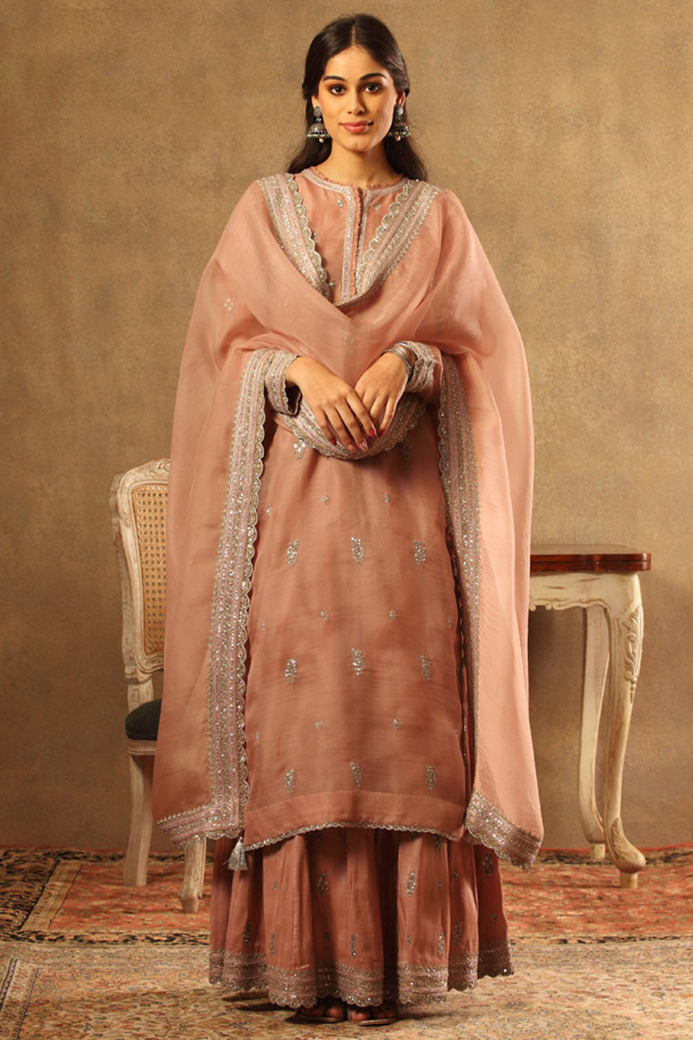 Embroidered Rose Brown Pure Metallic Silk Cotton Sharara Set - Auraya Fashion - Trisvaraa - #tag1# - #tag2# - #tag3# - #tag3#