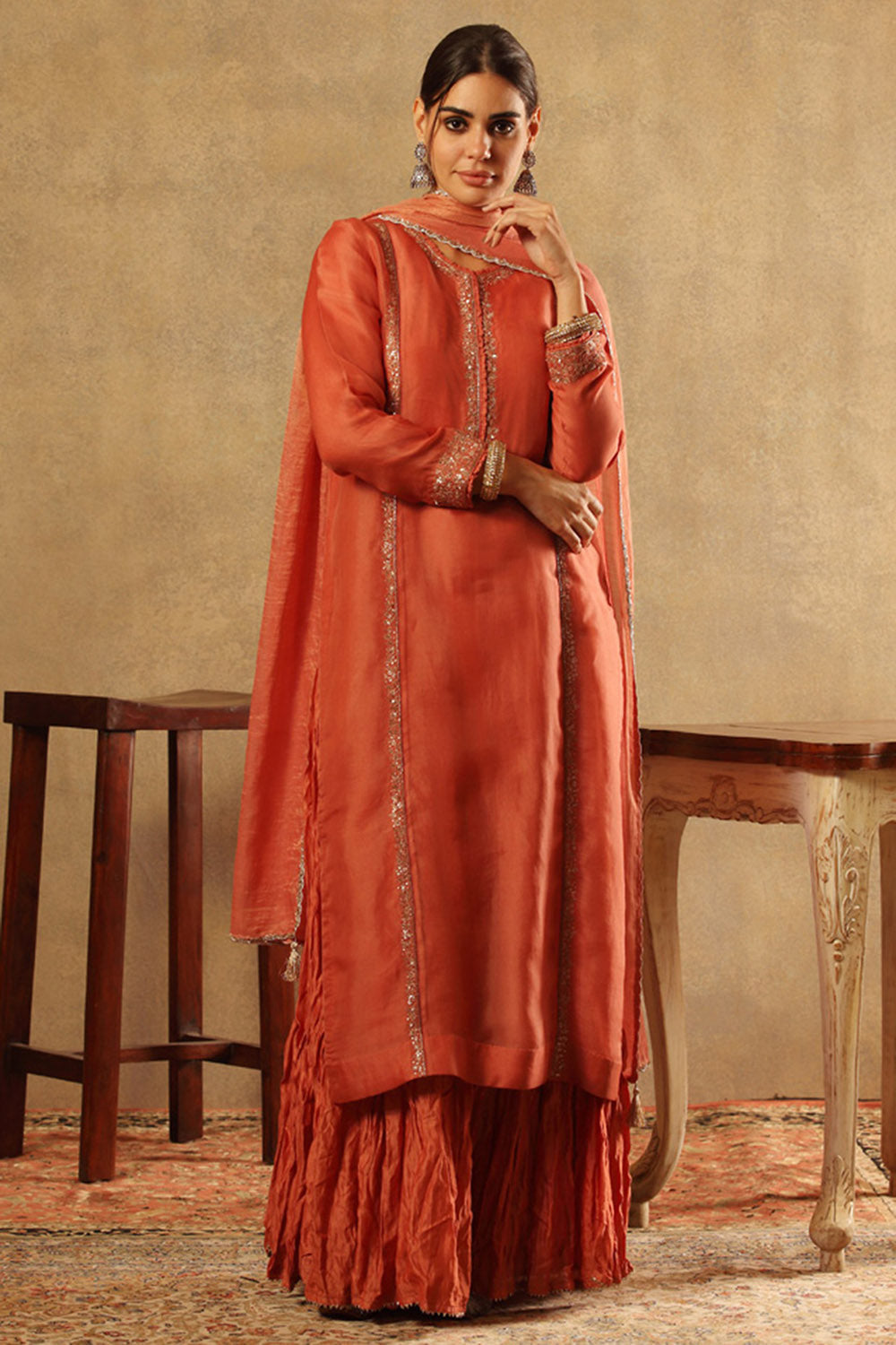 Embroidered Burnt Peach Silk Cotton Sharara Set - Auraya Fashion - Trisvaraa - #tag1# - #tag2# - #tag3# - #tag3#