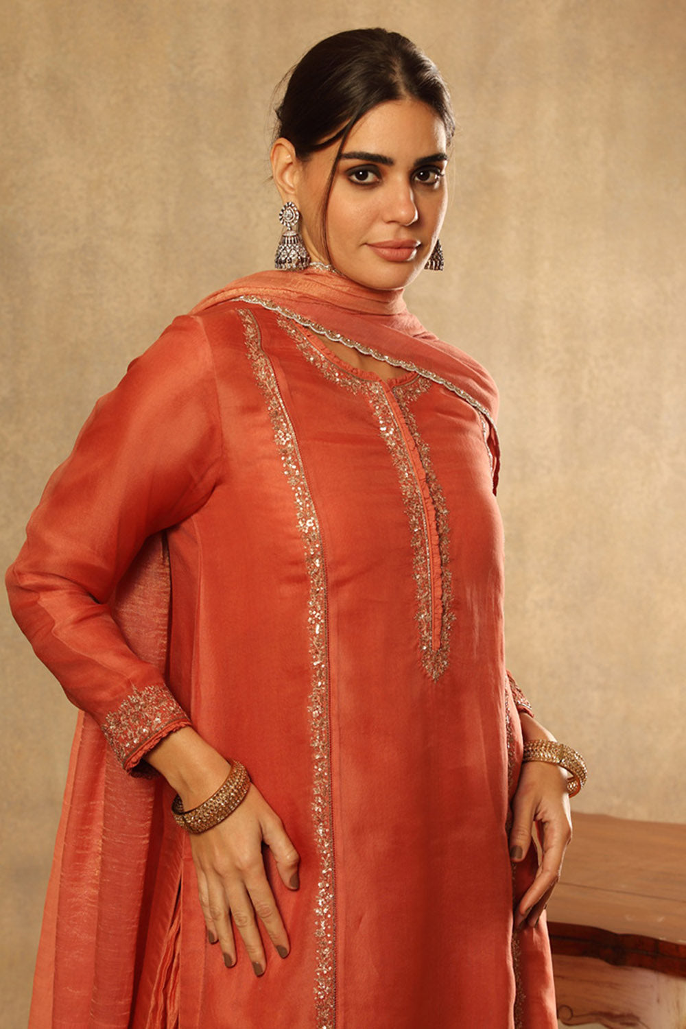 Embroidered Burnt Peach Silk Cotton Sharara Set - Auraya Fashion -  - #tag1# - #tag2# - #tag3# - #tag3#