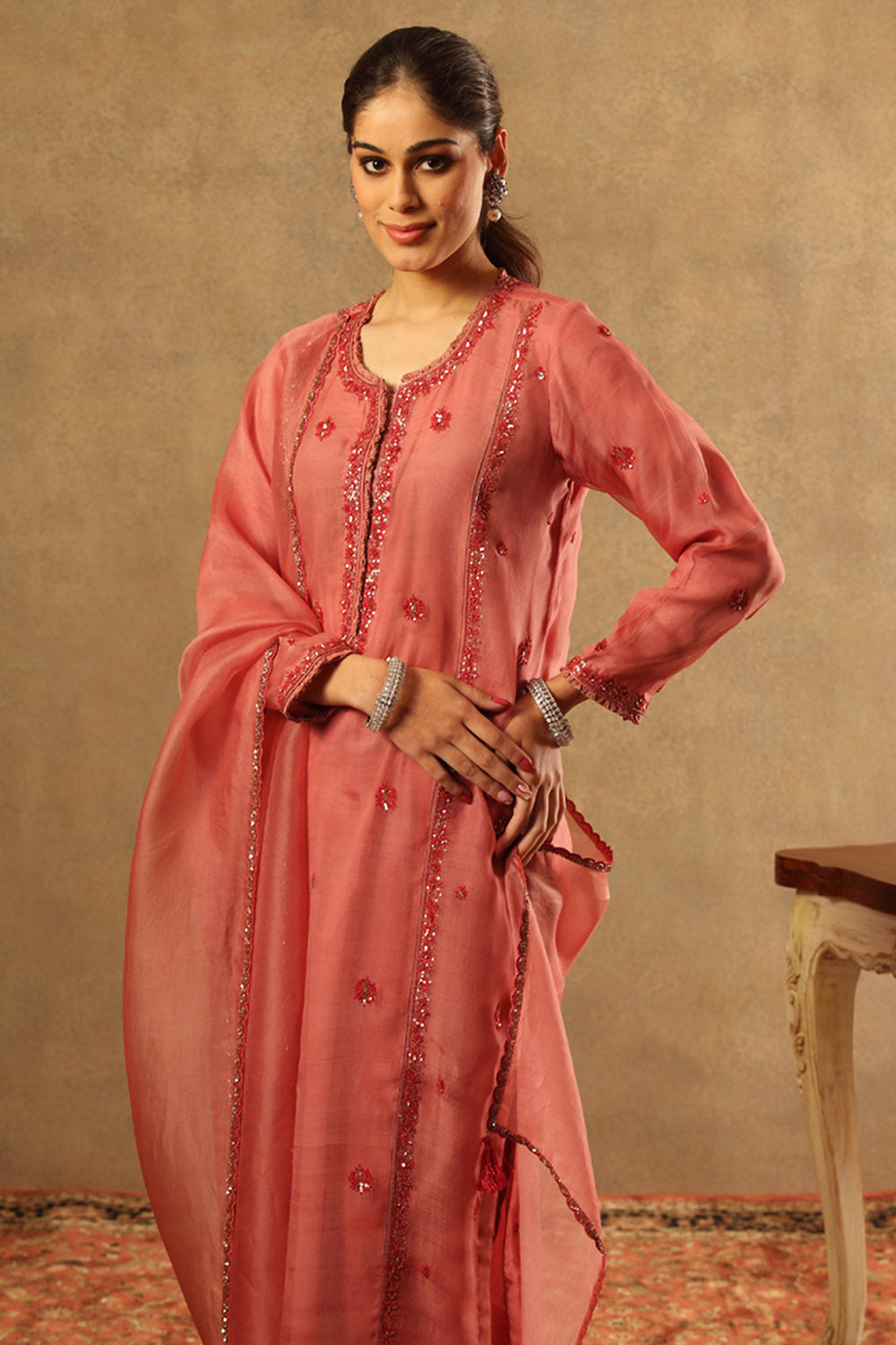 Embroidered Dusty Blush Pink Katan Silk Kurta Set - Auraya Fashion -  - #tag1# - #tag2# - #tag3# - #tag3#