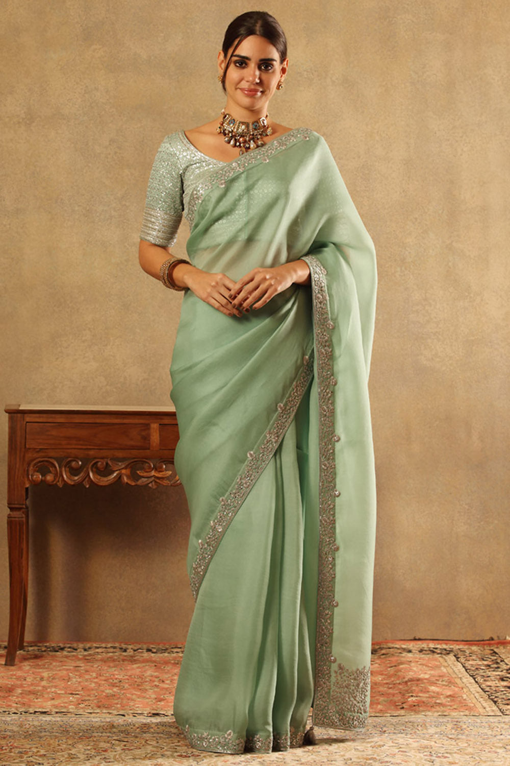 Embroidered Fern Green Pure Silk Organza Saree Set - Auraya Fashion - Trisvaraa - #tag1# - #tag2# - #tag3# - #tag3#